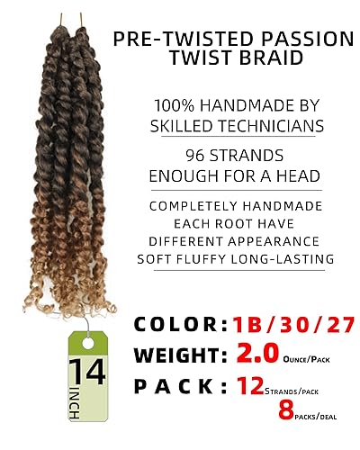 Miniatura 2 de Paquete de 8 paquetes de cabello de ganchillo Passion Twist de 14 pulgadas para mujeres negras y niños, 3 tonos degradado negro a rubio marrón,