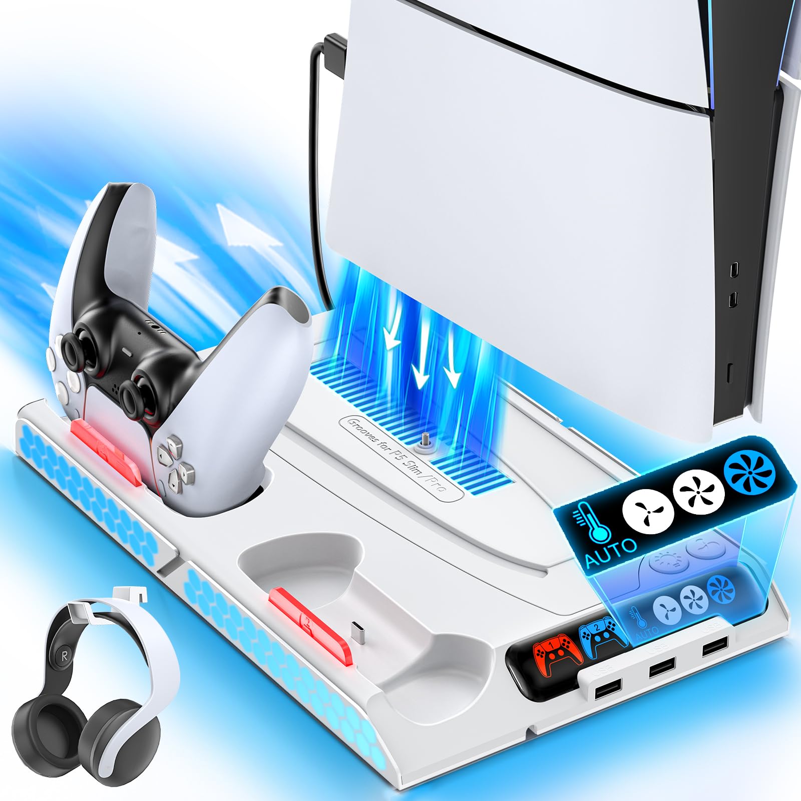 KDD PS5/PS5 Slim Stand with Auto Turbofan, 3-Level Cooling Fans, RGB Lights, Accessories for PS5 2023 Slim & 2020 Digital/Disc Consoles