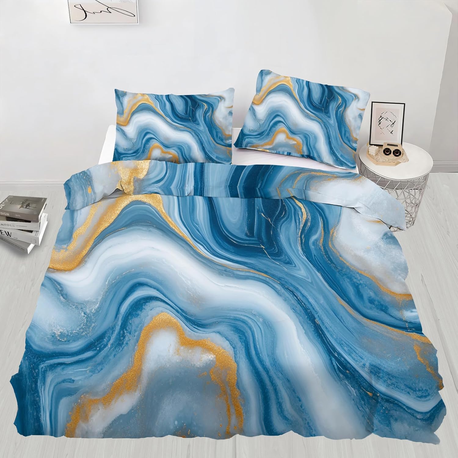 Marble Duvet Cover, Blue Bedding Set Cover for Kids Boys Girls Teens, Reversible Marble Duvet Cover with Zipper Closure and 2 Pillow Shams, Twin Size 68"x90"