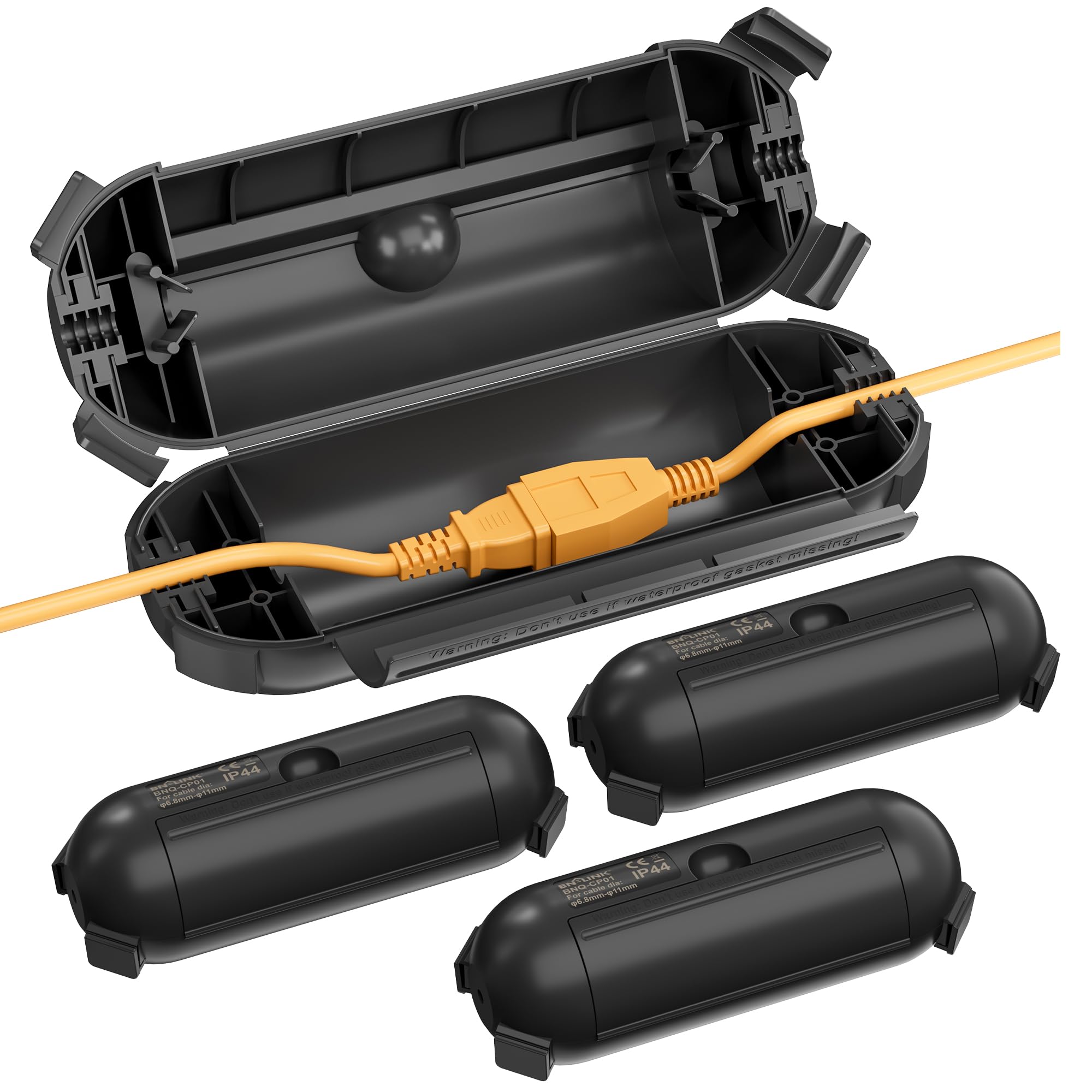 BN-LINK [Paquete de 4] Cubierta de seguridad para cable de extensión para exteriores, impermeable, resistente a la intemperie, carcasa de sellado con 4 cierres, se adapta a protector de cable de
