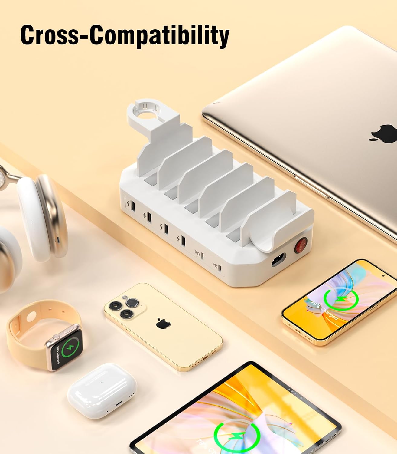 95W Fast Charging Station for Multiple Devices【UL & FCC Tested Safer Charging】 6-Port USB Charging Dock with 2 PD-Port, Compatible with iPhone/Android/MacBook/iPad/Tablet/Kindle/Apple Watch & More