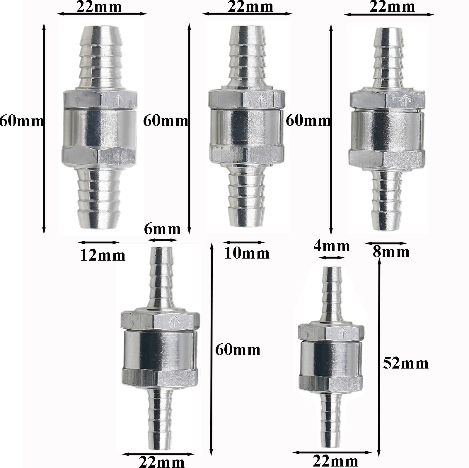 Válvula Antirretorno Unidireccional 5 Piezas Válvula de Retención de Combustible Valvula Anti Retorno Agua Válvula Antirretorno de Aluminio para Automóvil, Barco, Helicóptero (4mm 6mm 8mm 10mm 12mm)