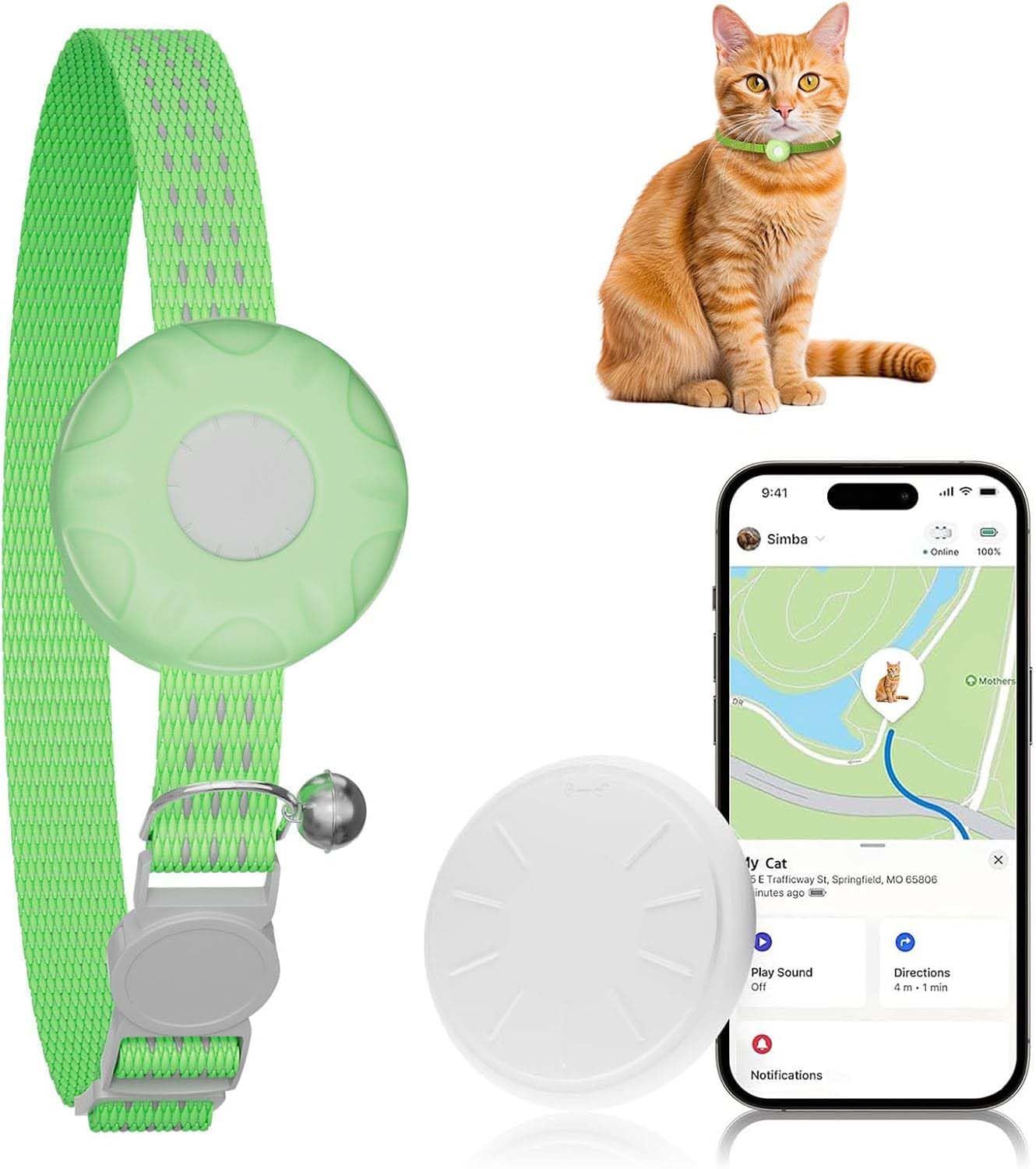 Rastreador GPS para gatos, collar rastreador de gatos con hebilla elástica de seguridad, compatible con Apple Find My App (solo iOS), sin tarifa mensual, impermeable (rastreador blanco, collar