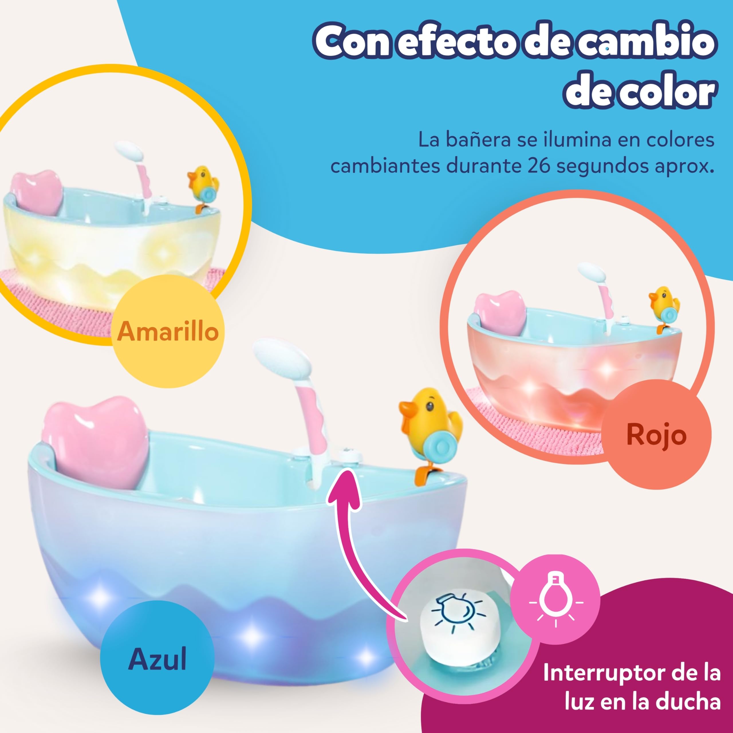 Bañera BABY born con Cambio de Color - función de Ducha y Sonido - Accesorios muñecas de 36 y 43 cm - Funciona también con Agua Real