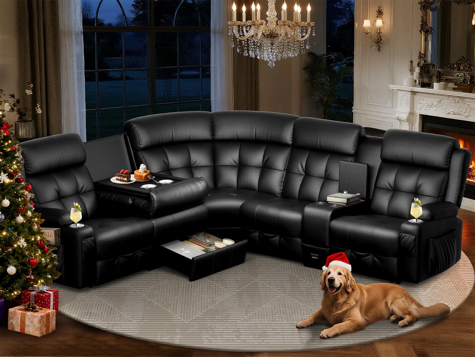 Leather Sectional Couches for Living Room, L Shaped 5 Seats Reclining Sectional Sofa with Massage, USB &amp; Console, Manual Recliner Corner Couch with Flip-Down Backrest &amp; Cup Holders, for Home Theater
