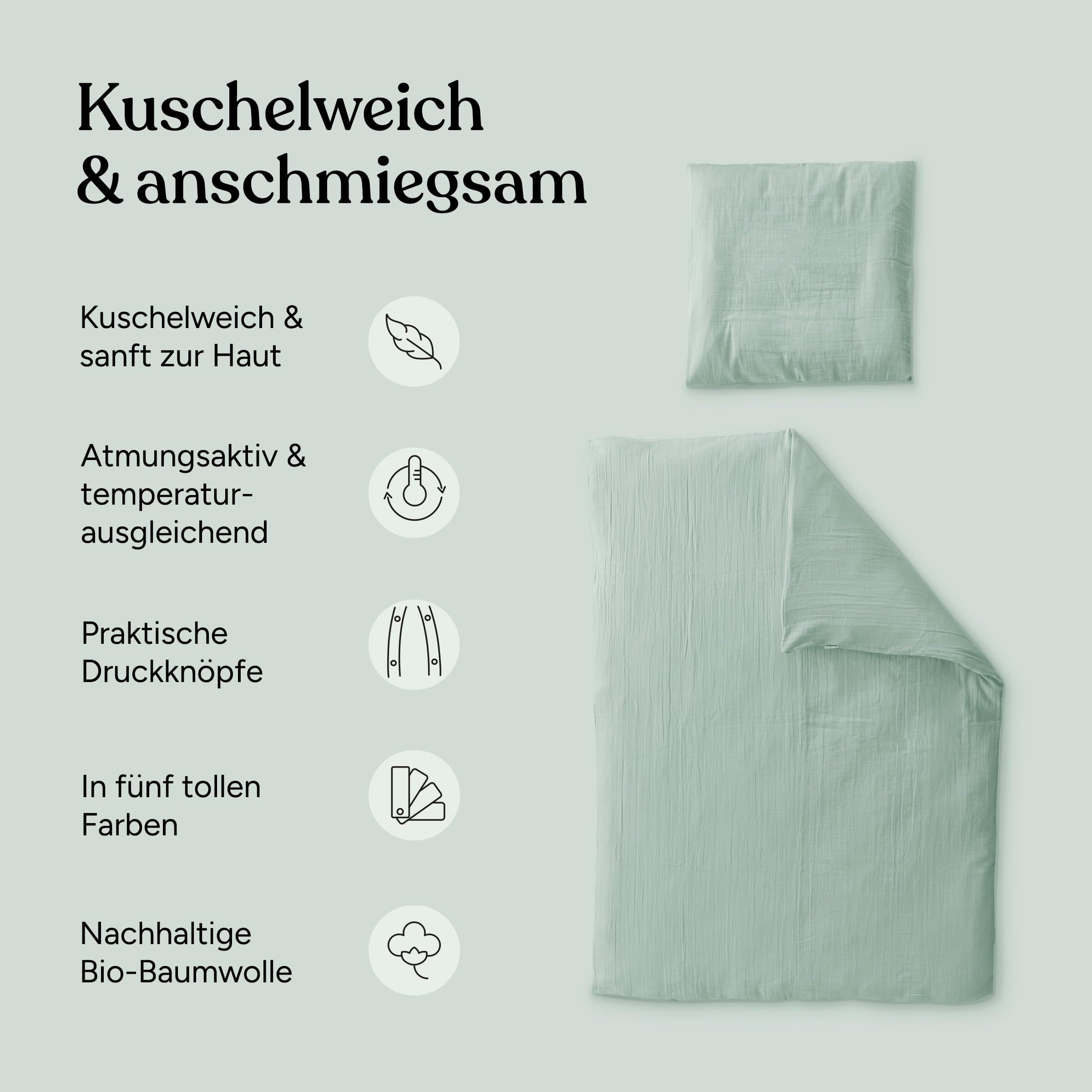 Ehrenkind® Bettwäsche-Set Musselin | 100% Bio-Baumwolle | Standard 100 by Oeko-TEX | 100x135cm + 40x60cm Jade | Bettwäsche 135x100
