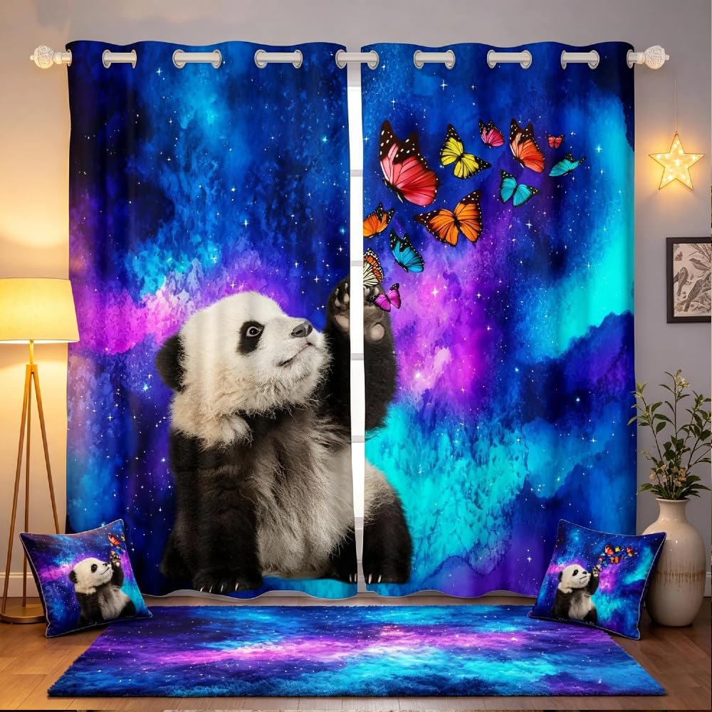 Loussiesd Cute Panda Window Treatments Cartoon Animal Themed Curtain for Kids Boys Girls Teens Decor Blue Galaxy Window Drapes Butterflies Pattern Window Curtain W66*L72 — image 1