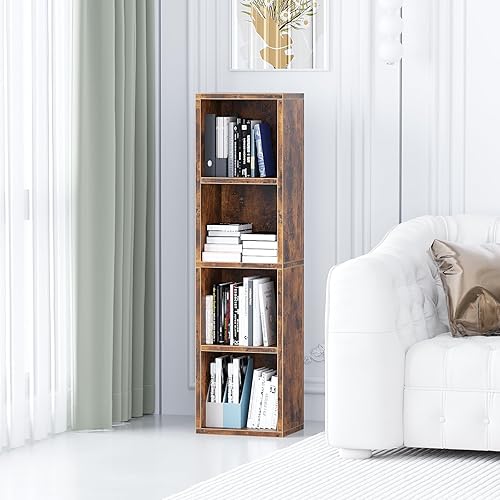 Estantería y estantería abierta moderna de 4 niveles, estantes de almacenamiento de pie, estante de almacenamiento de cubo de madera para oficina en