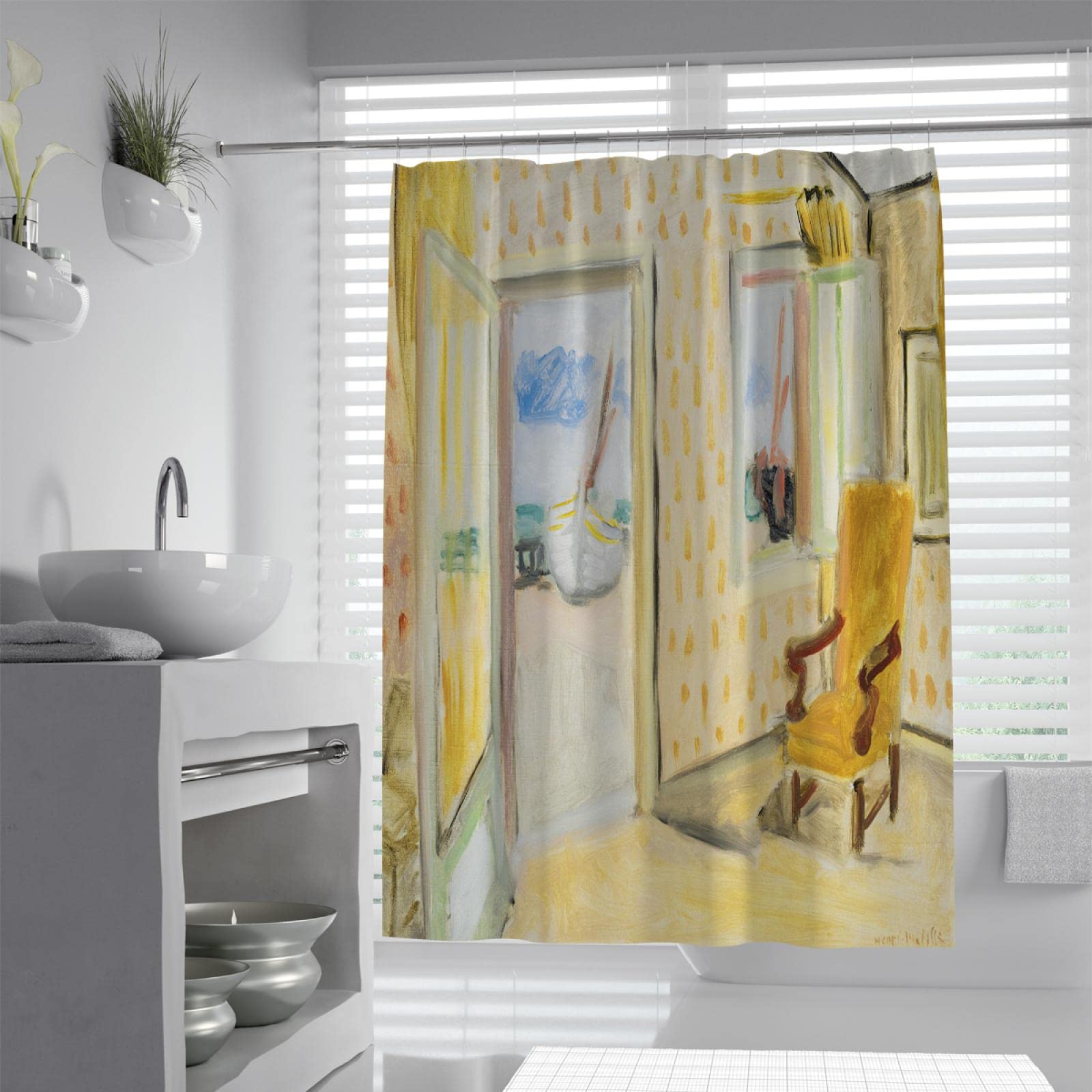 DINGSION Henri Matisse Shower Curtain Set Yellow Chair Open Space Outside the House Bath Bathtub Curtain Hotel Quality Machine Washable W120x180cm