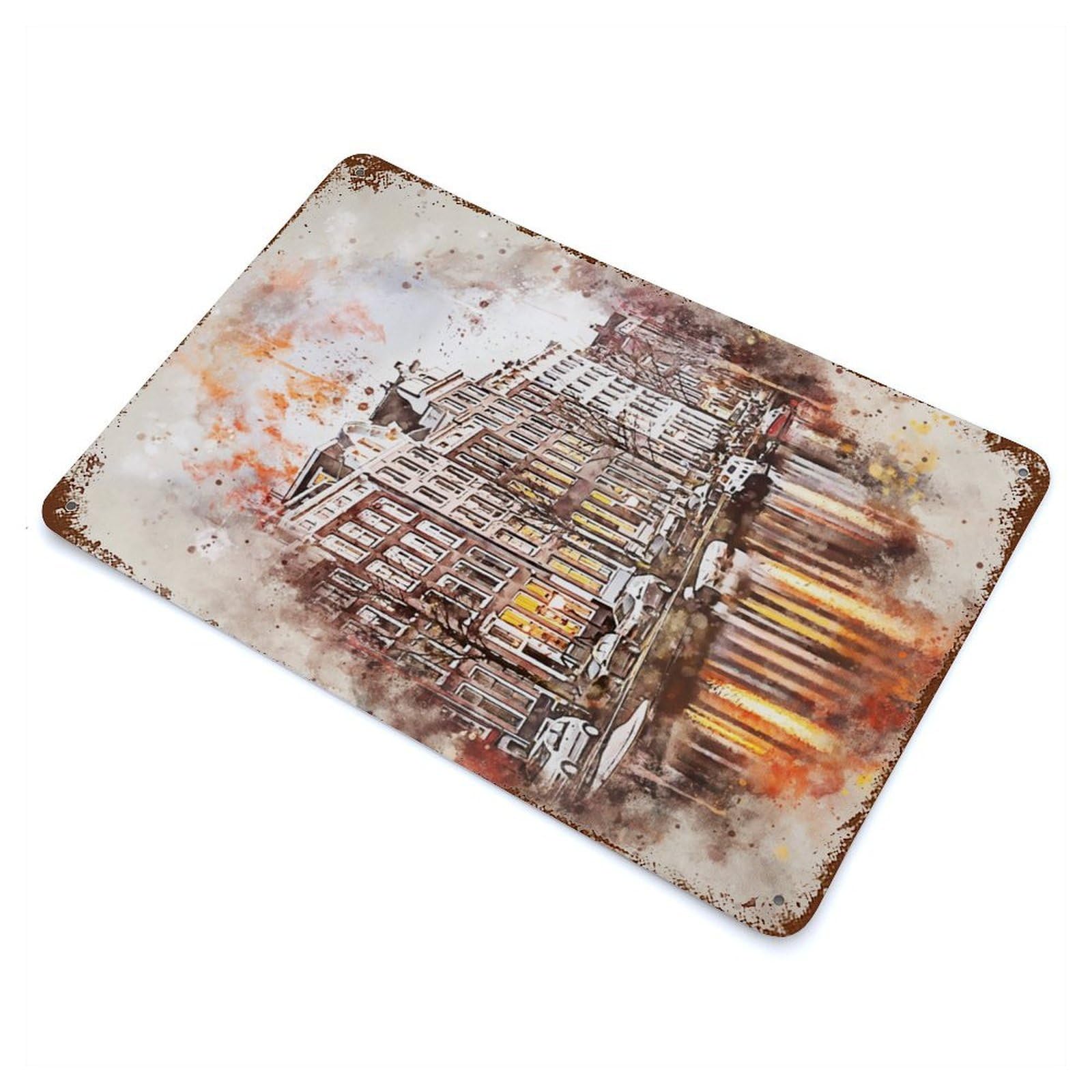 Vintage Rust Metal Sign with Amsterdam in Watercolor Design 11.8"x7.9", for Garage, Bar And Workshop Decor, Retro Wall Decor