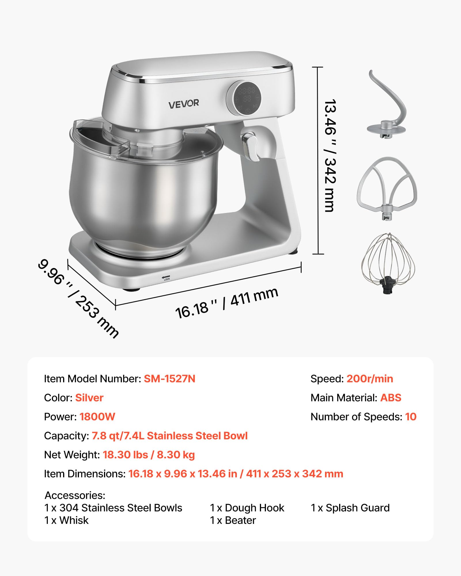 VEVOR Batidora de Pie, 1800 W, Bol de Acero Inoxidable, 7,4 L, Gancho para Amasar, Batidor y Varillas, 10 Velocidades, Inclinación Ajustable, 411 x 253 x 342 mm, a Mezclar Crema, Verduras y Masa