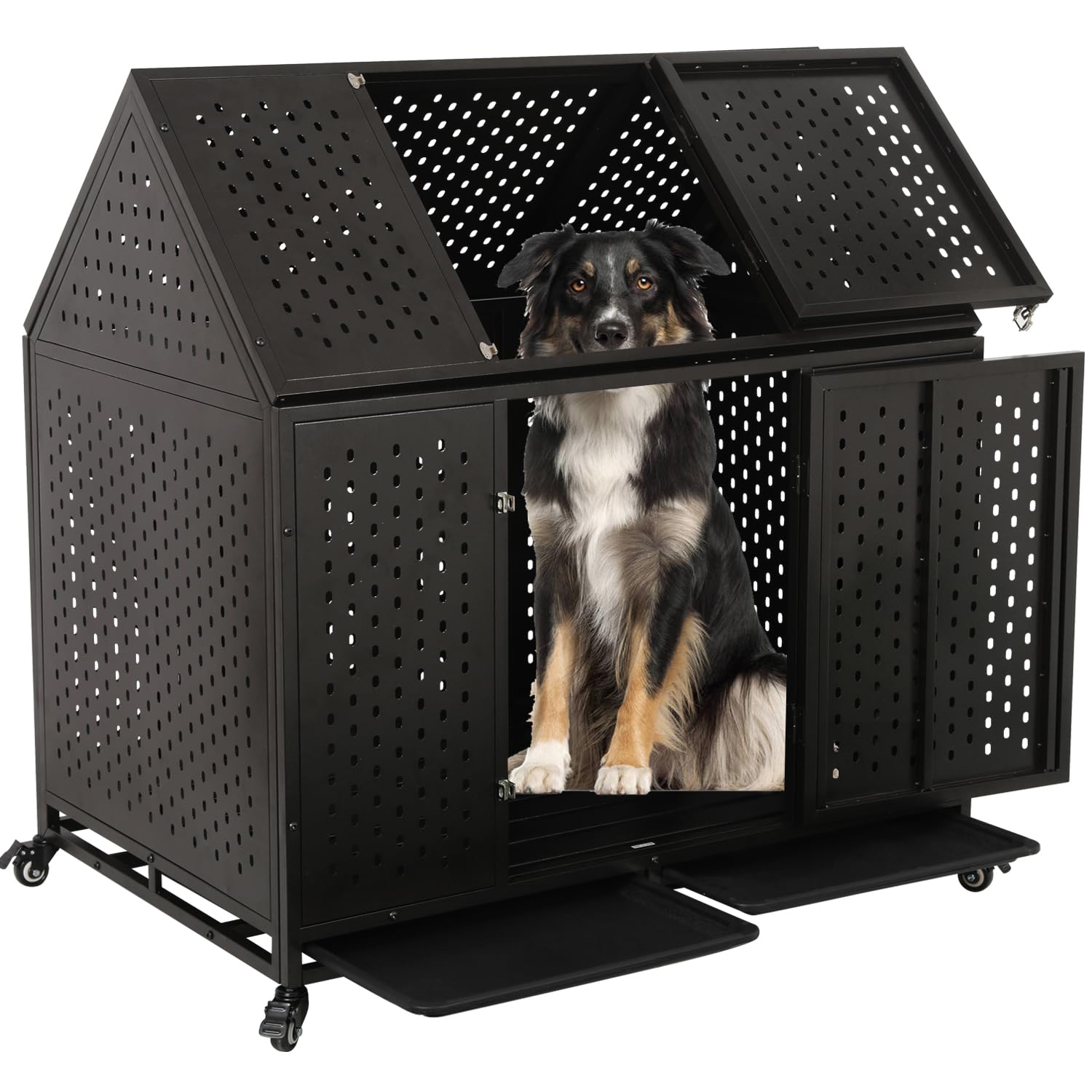 Hcfgide 44'' Indestructible Heavy Duty Dog Crate, Escape-Proof Kennel with Pointed Roof for High Anxiety Large Medium Dogs, Steel Chewproof Sound