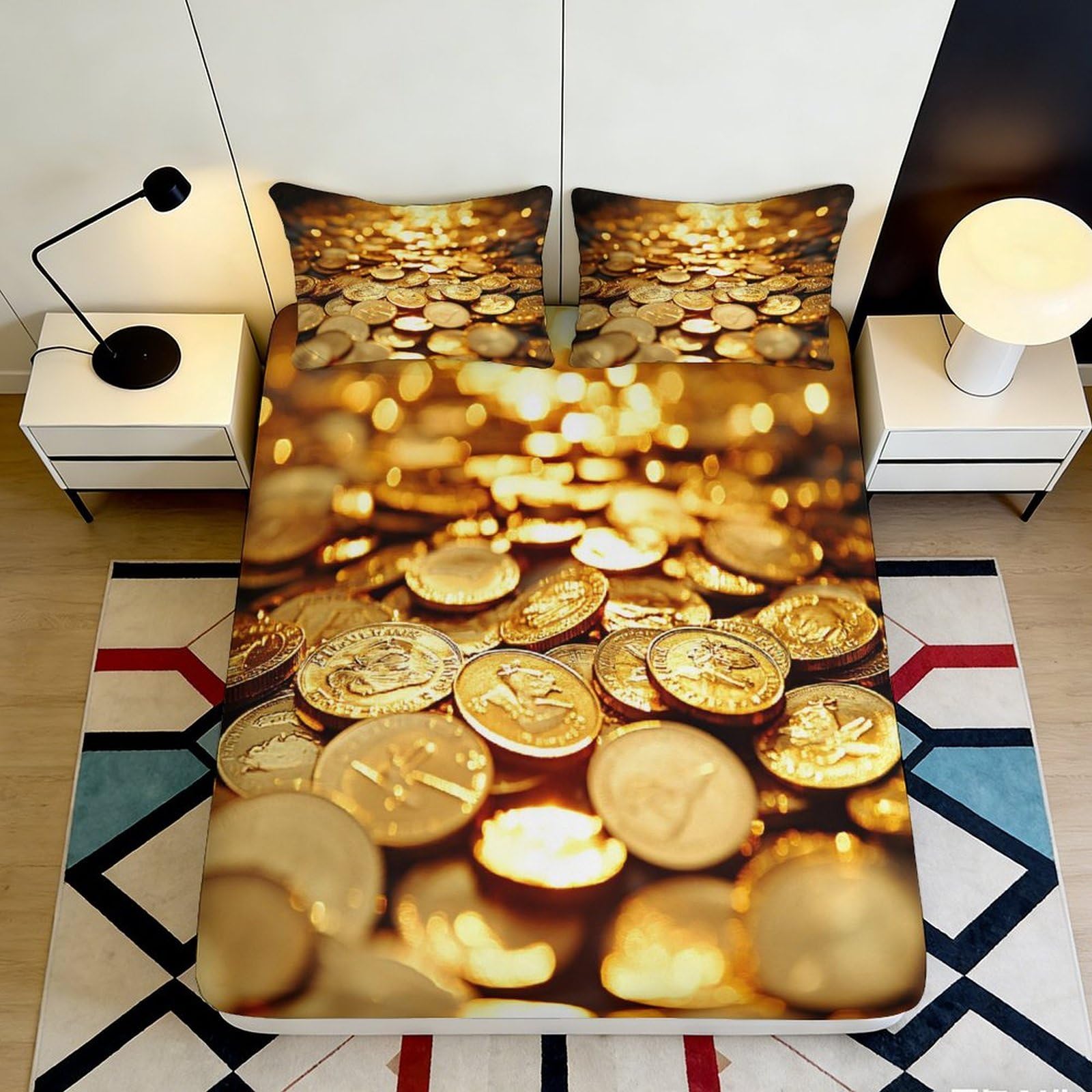 3D Printed Gold Coin Fitted Sheet Microfiber Soft Decorative Money Theme Bed Cover for Bedroom Dorm Mattress Protection Decor 90x200x25cm