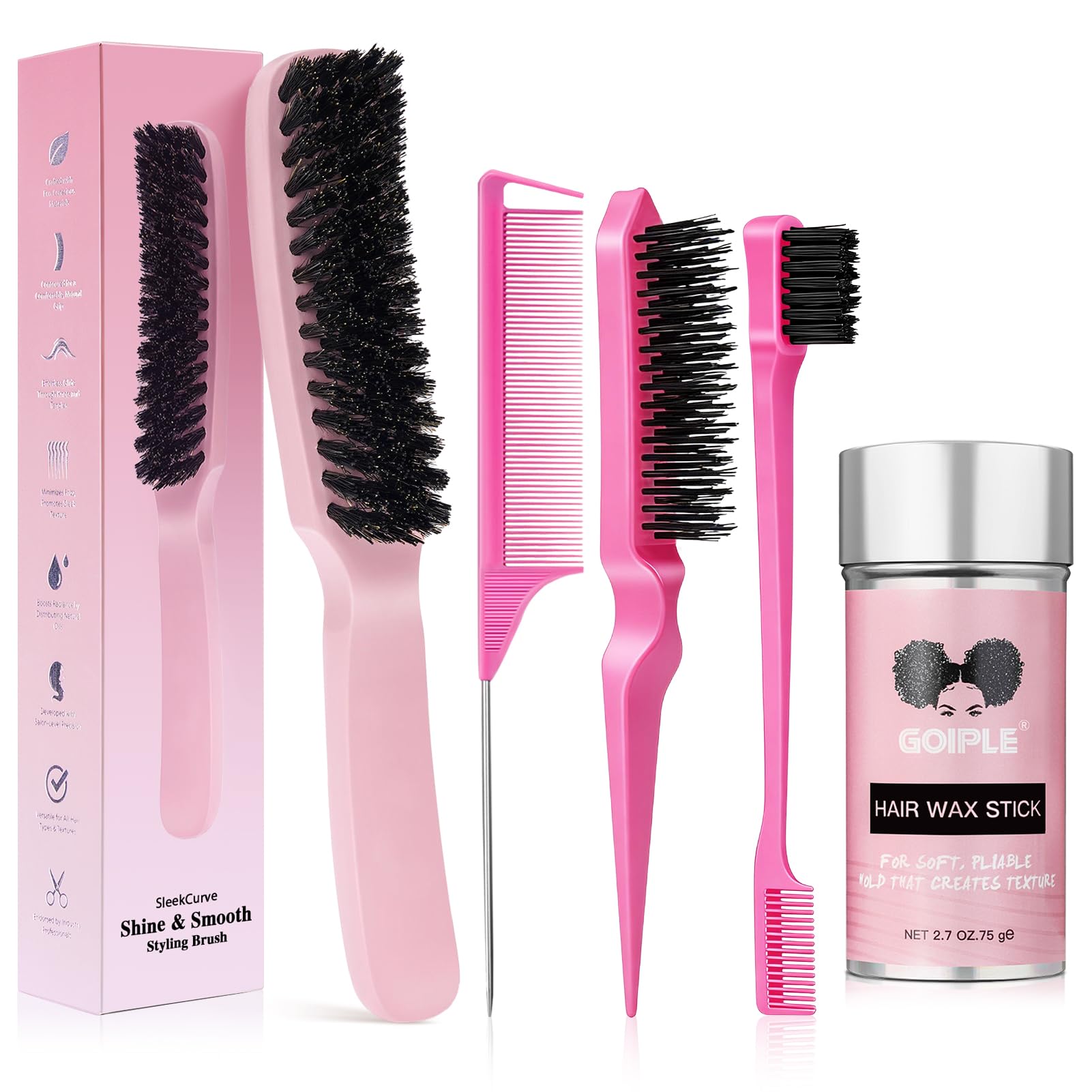 Slick Back Hair Brush Wax Stick for Smooth Flyaways, Frizz, Sleek Ponytail, Buns and Edge Baby Hair | Hair Comb, Edge Brush, Teasing Brush Styling Accessories for Girls, Kids, Women & Men