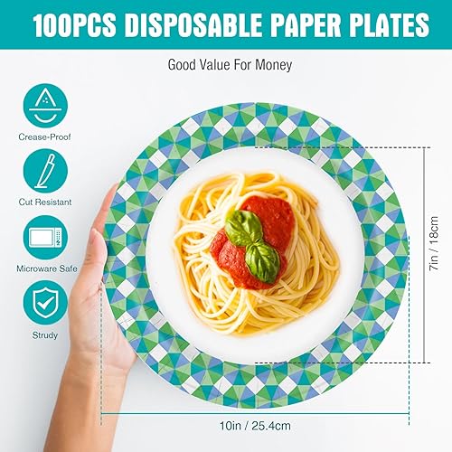 Miniatura 2 de Charmount Platos de papel desechables a granel de 10 pulgadas, 100 unidades, platos llanos impresos gruesos, a prueba de remojo, a prueba de cortes,
