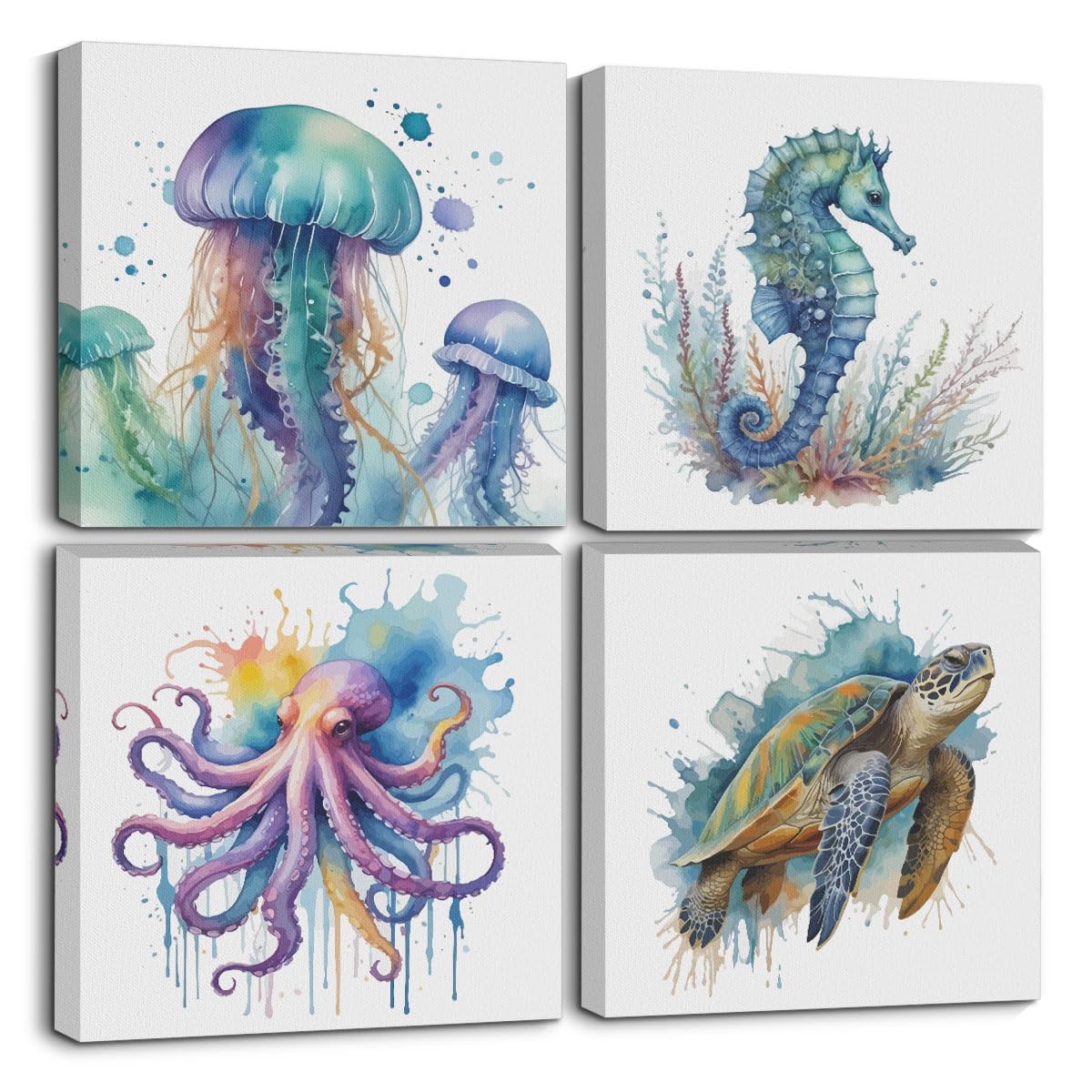 4 Pcs Watercolor Octopus Sea Turtle Seahorse Jellyfish Canvas Wall Art Framed Sea Animals Art Posters Pictures Wall Decor Ocean Canvas Decoration