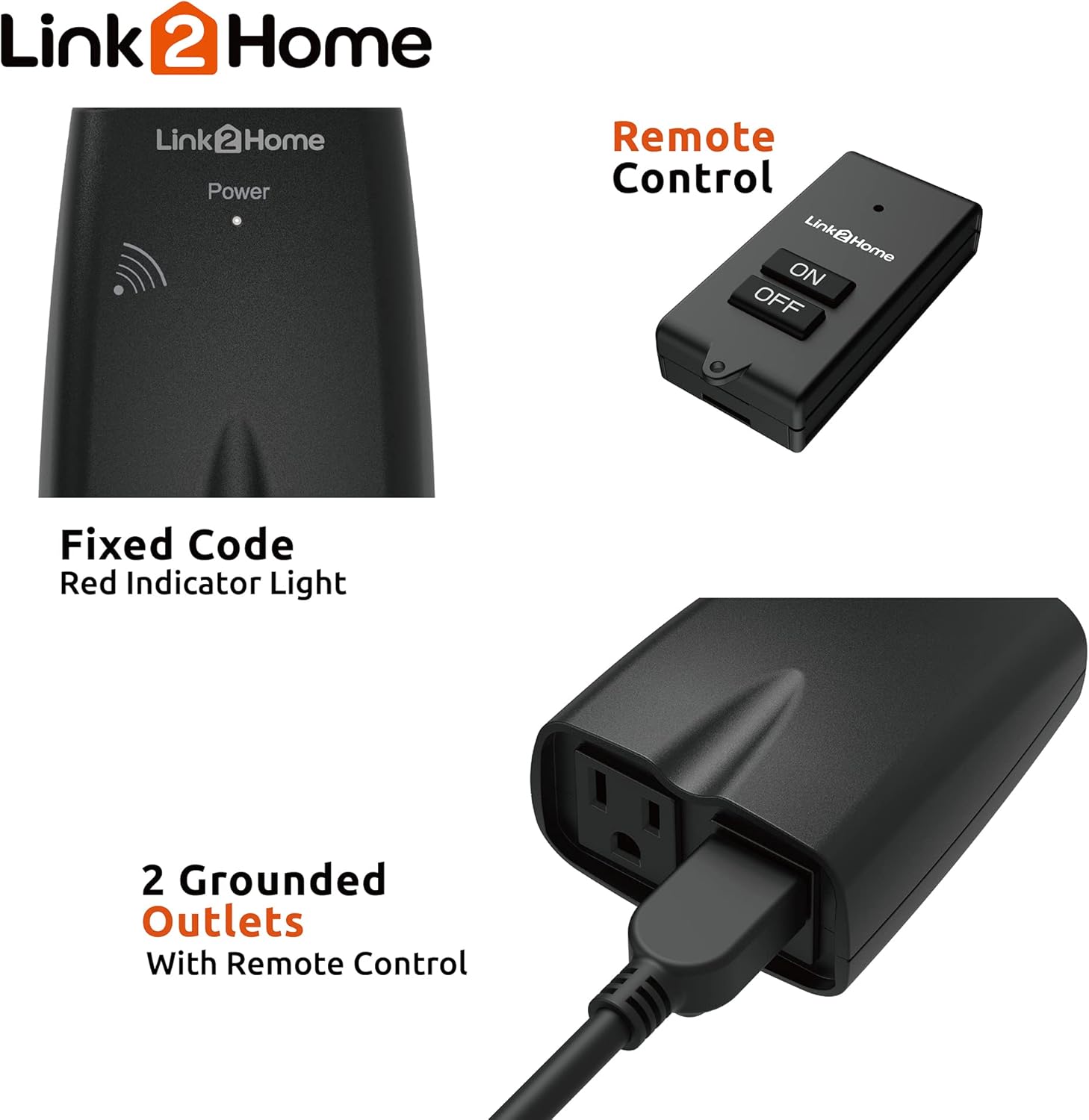 Close-up of Link2Home Outdoor Wireless Remote Control Outlet showing indicator light and dual grounded outlets