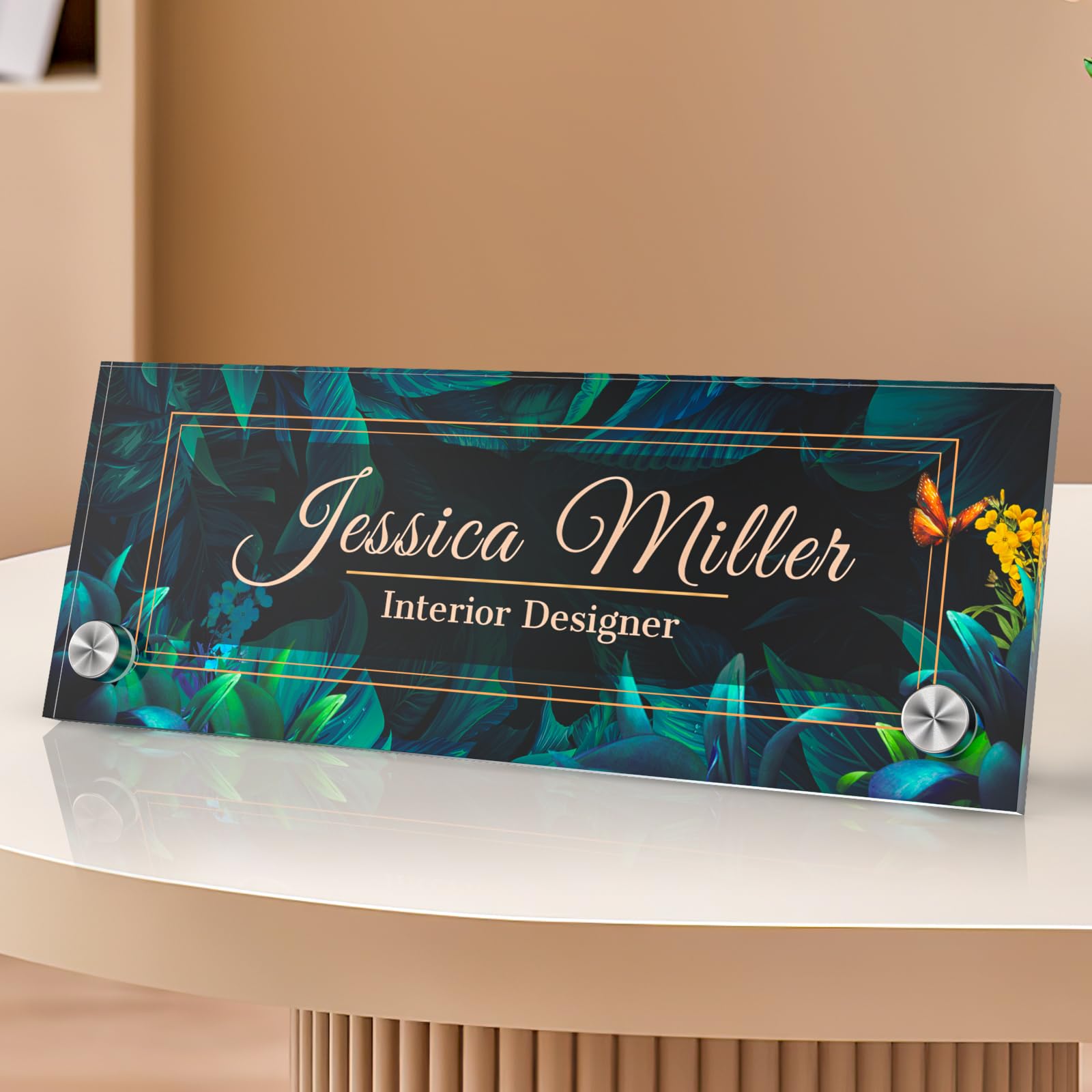 Personalized Name Plate for Desk with Standoff Barrels | Clear Acrylic Office Decor with Flowers Design | Custom Desk Decorations | Ideal Personalized
