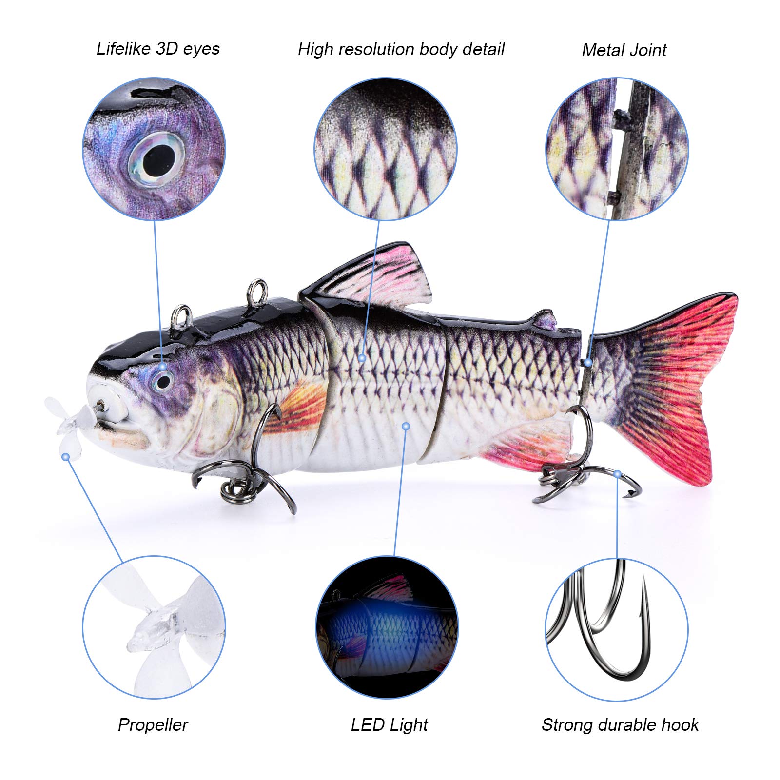 ODS Señuelo Robótico para la Pesca, Señuelo de Pesca Eléctrico Auto-Nadador de 5,12" Señuelo segmentado con Anzuelos Agua Dulce Agua Salada