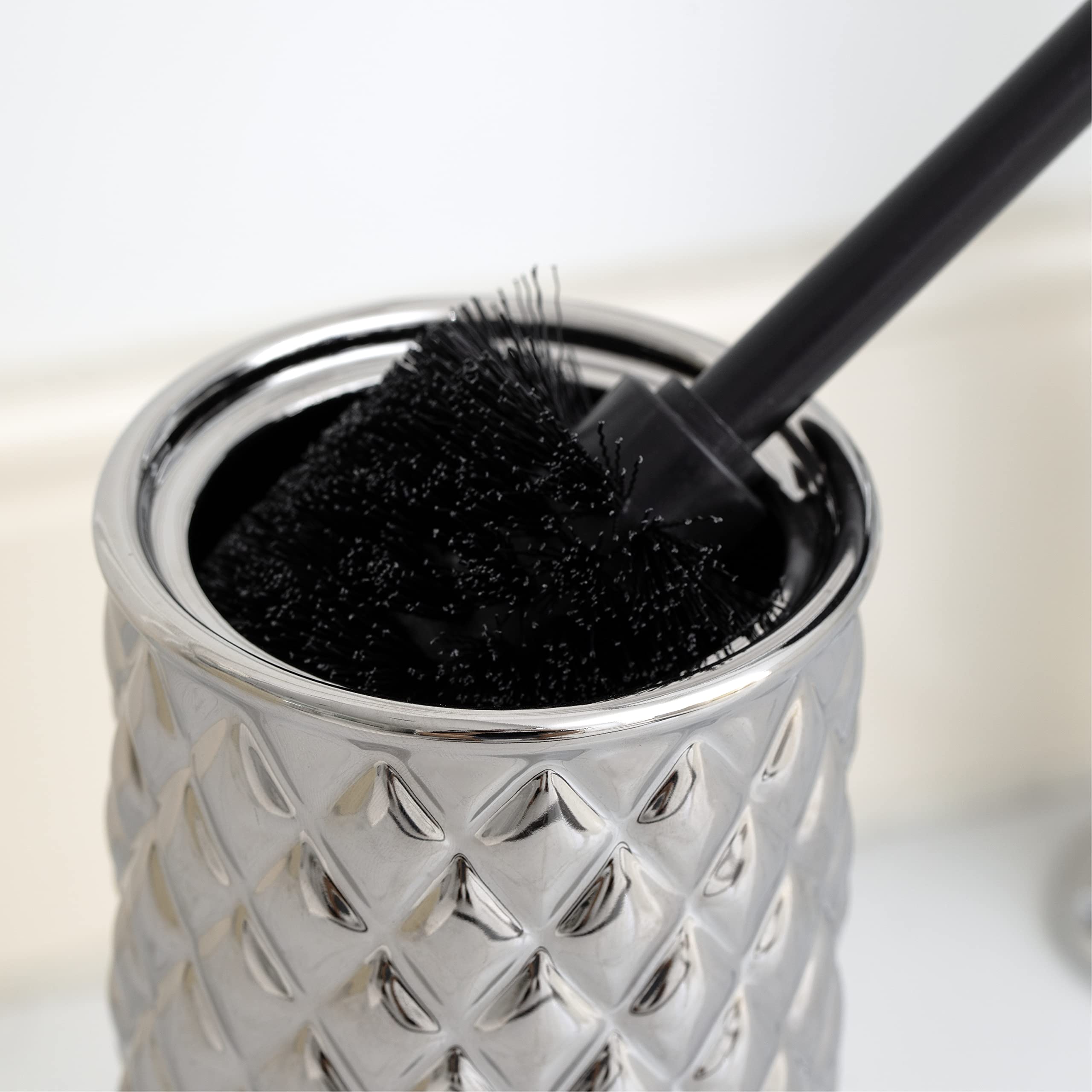 Motifeur Bathroom Accessories Ceramic Toilet Brush Set - Toilet Bowl Brush and Holder (Pineapple Pattern, Silver Grey)