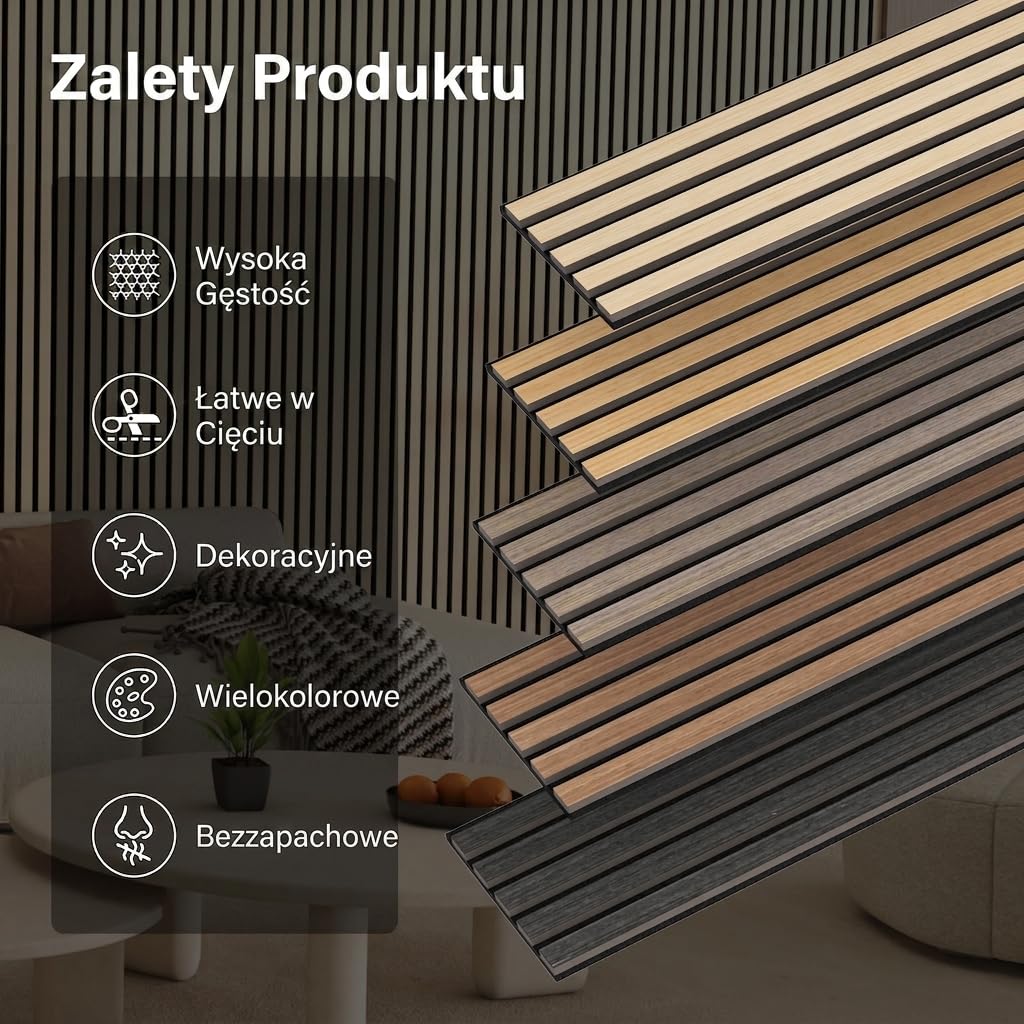 TONOR Drewniane panele akustyczne, 6 sztuk, 240 x 20 cm -2,88 m², panele ścienne, drewniane panele ścienne, jako płyty wygłuszające, dekoracja ścienna z drewnianych lameli, izolacja akustyczna, do