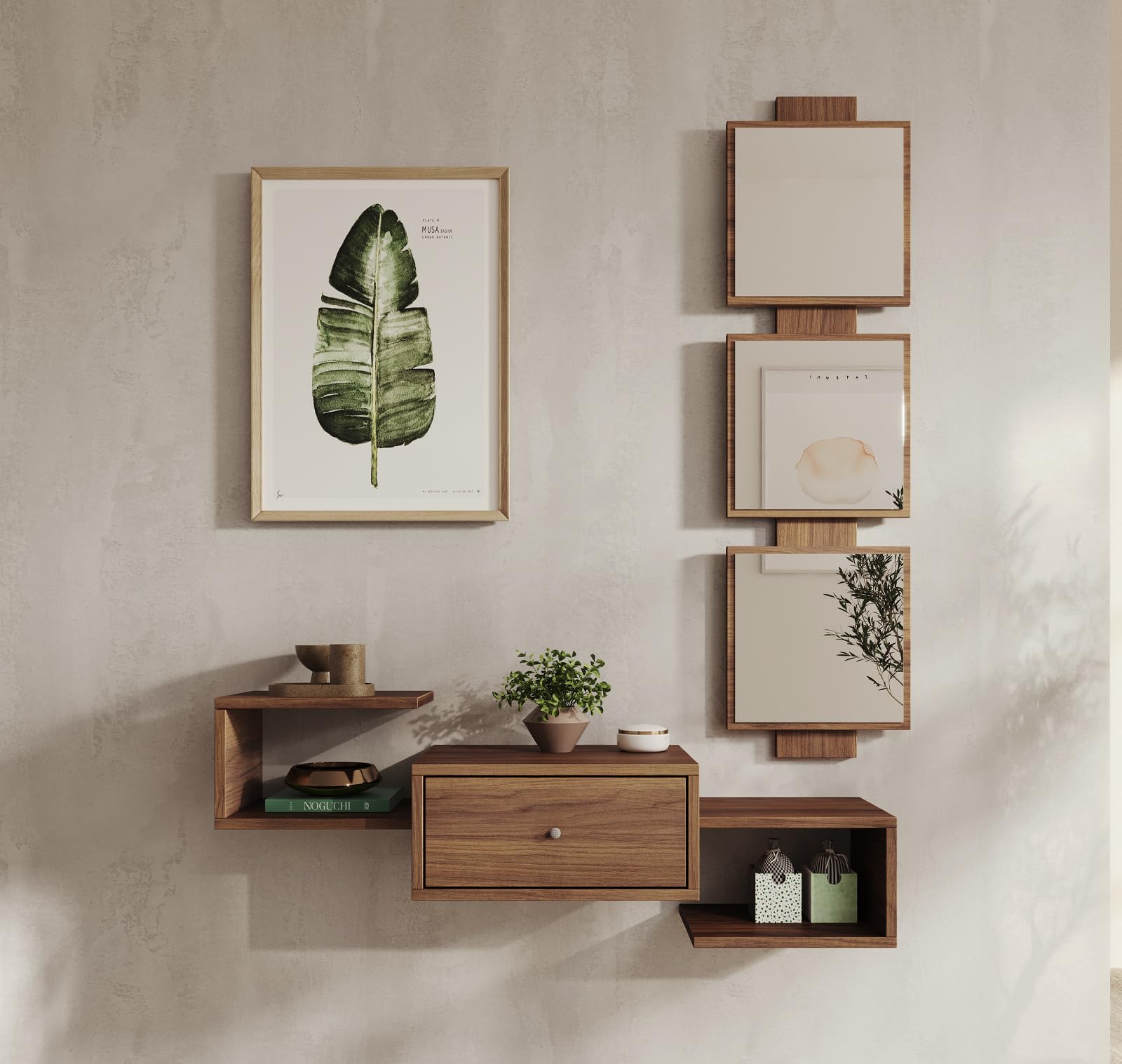 MB Muebles Bonitos, Mobile Ingresso Sospeso Neo, con Specchio e Cassetto, Melamina, Colore Noce Ambar Opaco, 99.5x145x22cm