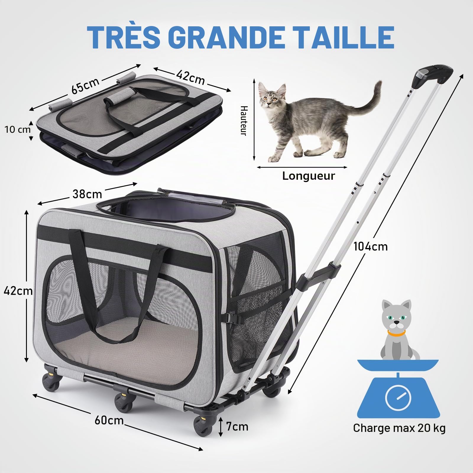 Sac Transport Chat Chien 20kg, Caisse de Transport Chat avec roulettes Amovibles, Cage Transport Chat Pliable, Gris