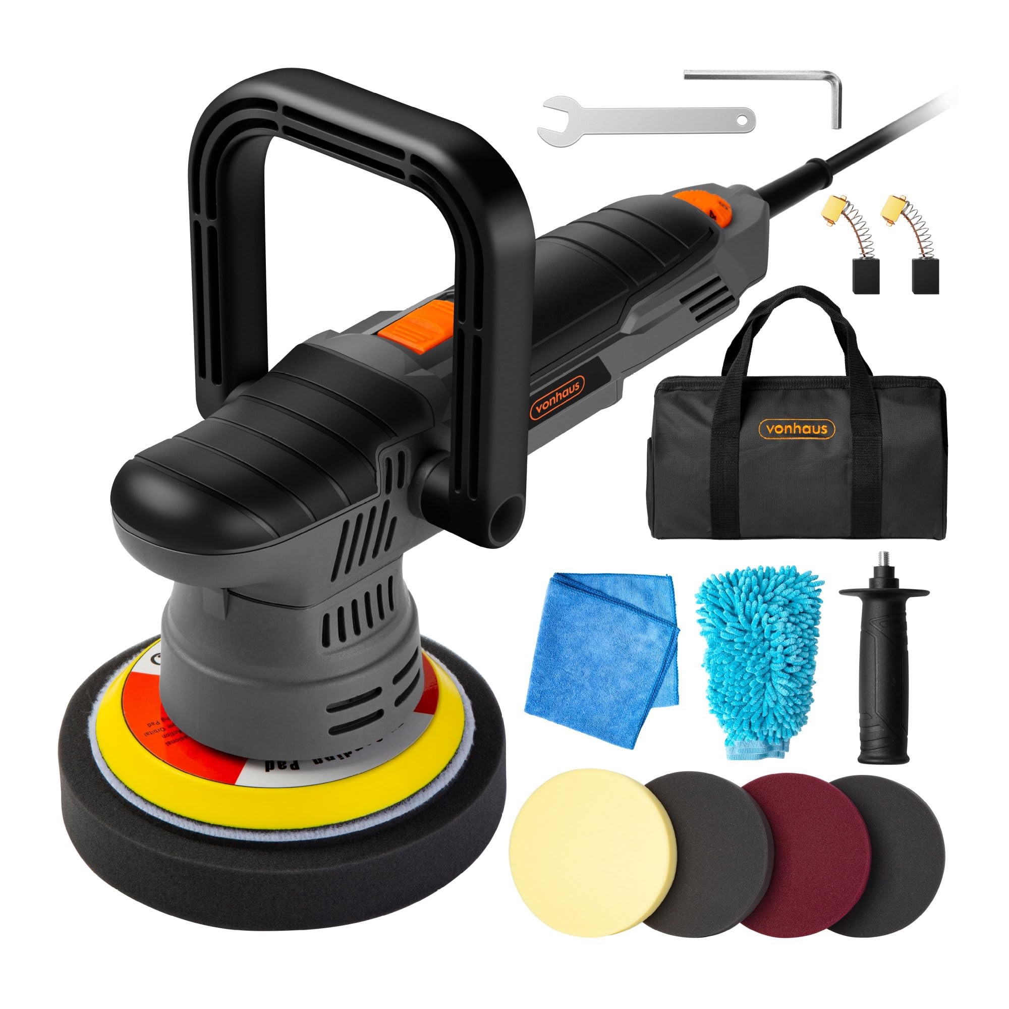 VonHausDual Action Car Polisher Kit, Random Orbit Polishing Machine, 650W Car Buffer, D, Side & Rubber Handles, 6 Variable Speeds 2800-6000RPM, with 4 Polisher Pads, Cloth and Storage Case