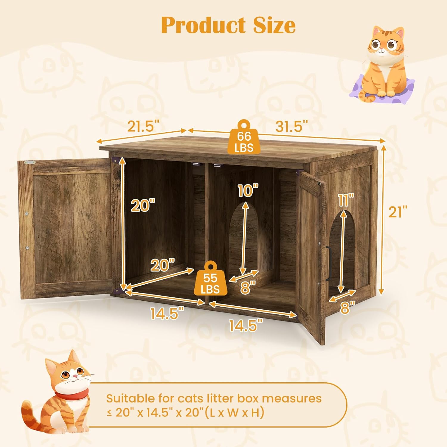 PETSITE Cat Litter Box Enclosure, Farmhouse Litterbox Enclosure Furniture with Double Doors and Openable Top, Wooden Cat Hidden Litter Box Bench End Side Table, Litter Box Cabinet