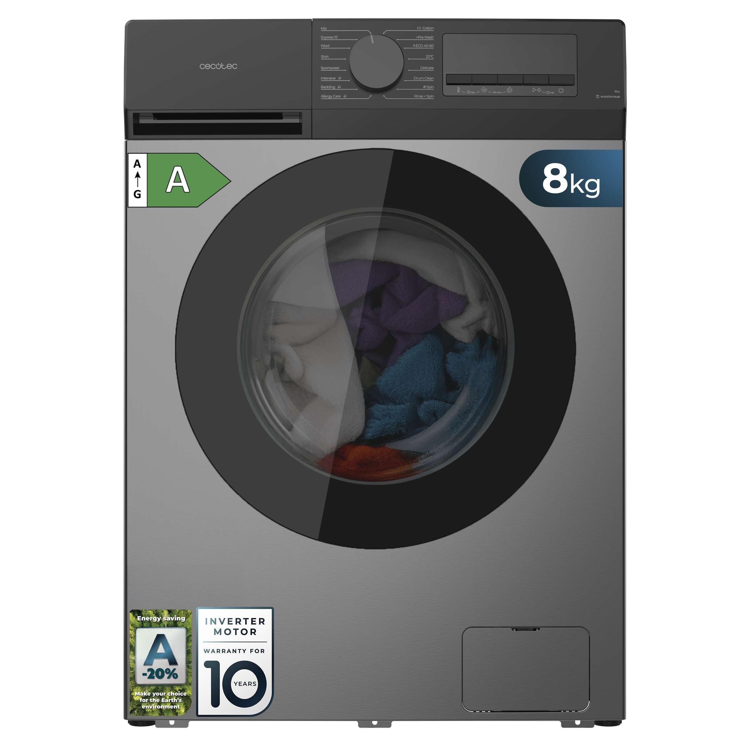 Cecotec Lavadora Carga Frontal 8Kg Bolero DressCode 8450 Inverter, 1400 rpm, 16 programas, Clase A-20%, Motor Inverter Plus, Allergy Care, Pearl Drum, Función Silence, Stop&Go y Kid Lock, Blanca — view 15