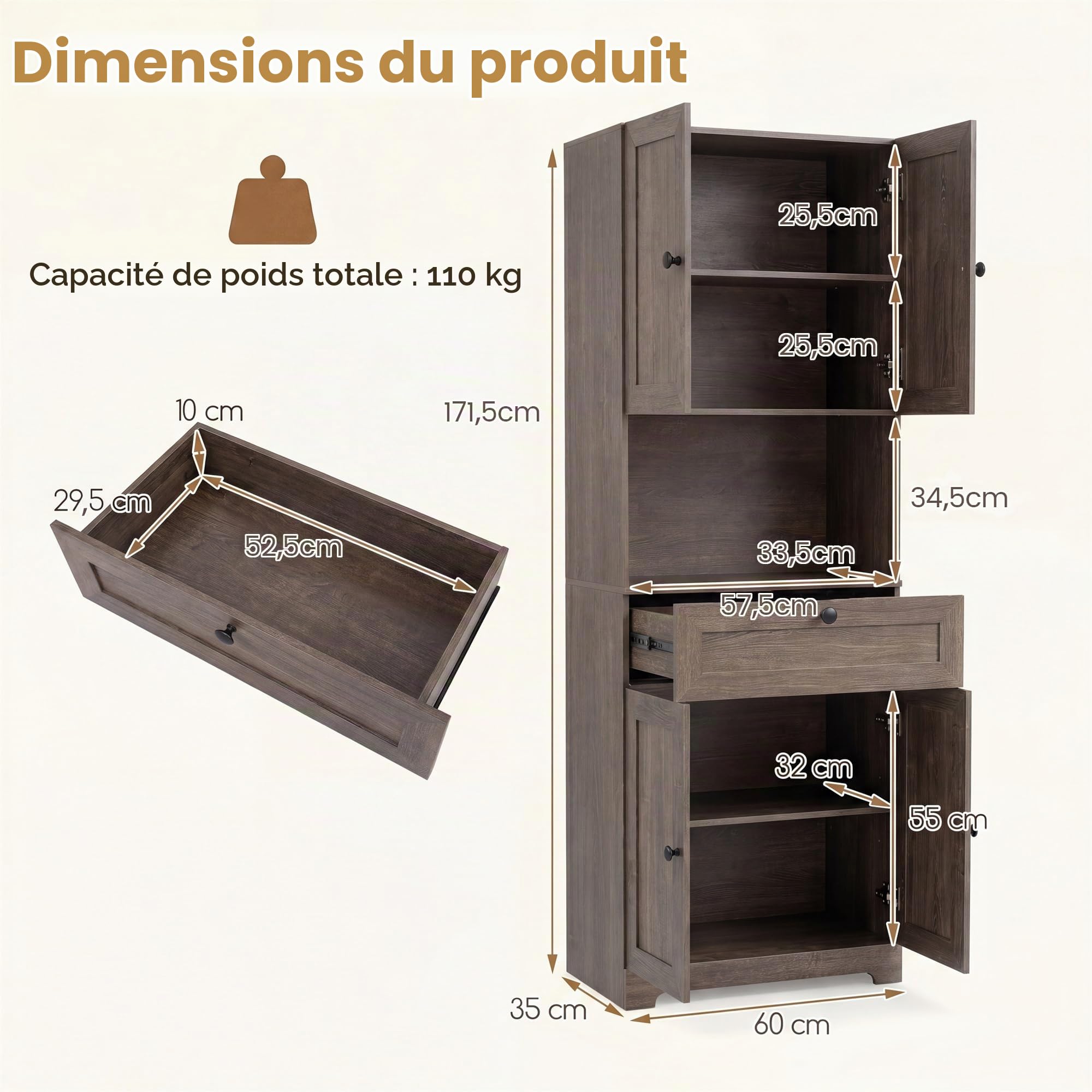 LIFEZEAL Armoire de Salle de Bain Haute, Meuble de Rangement 3 Niveaux en Bois avec 4 Portes, 1 Tiroir, Compartiment Ouvert, Étagère Réglable, Armoire Moderne pour Salle de Bain, Cuisine (Brun Clair)
