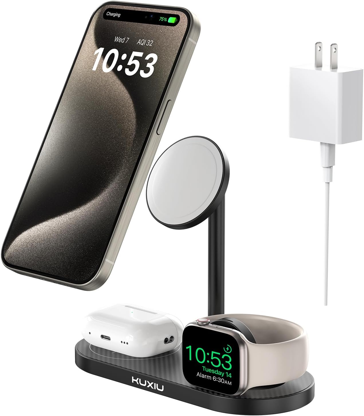 KU XIU Aluminum Alloy 3 in 1 Charging Station for Apple, Magnetic Wireless Charger Stand for iPhone 16/15/14/13/12 Series, 5W Fast Wireless Travel Charger for Apple Watch 9/8/7/SE Series, Airpods