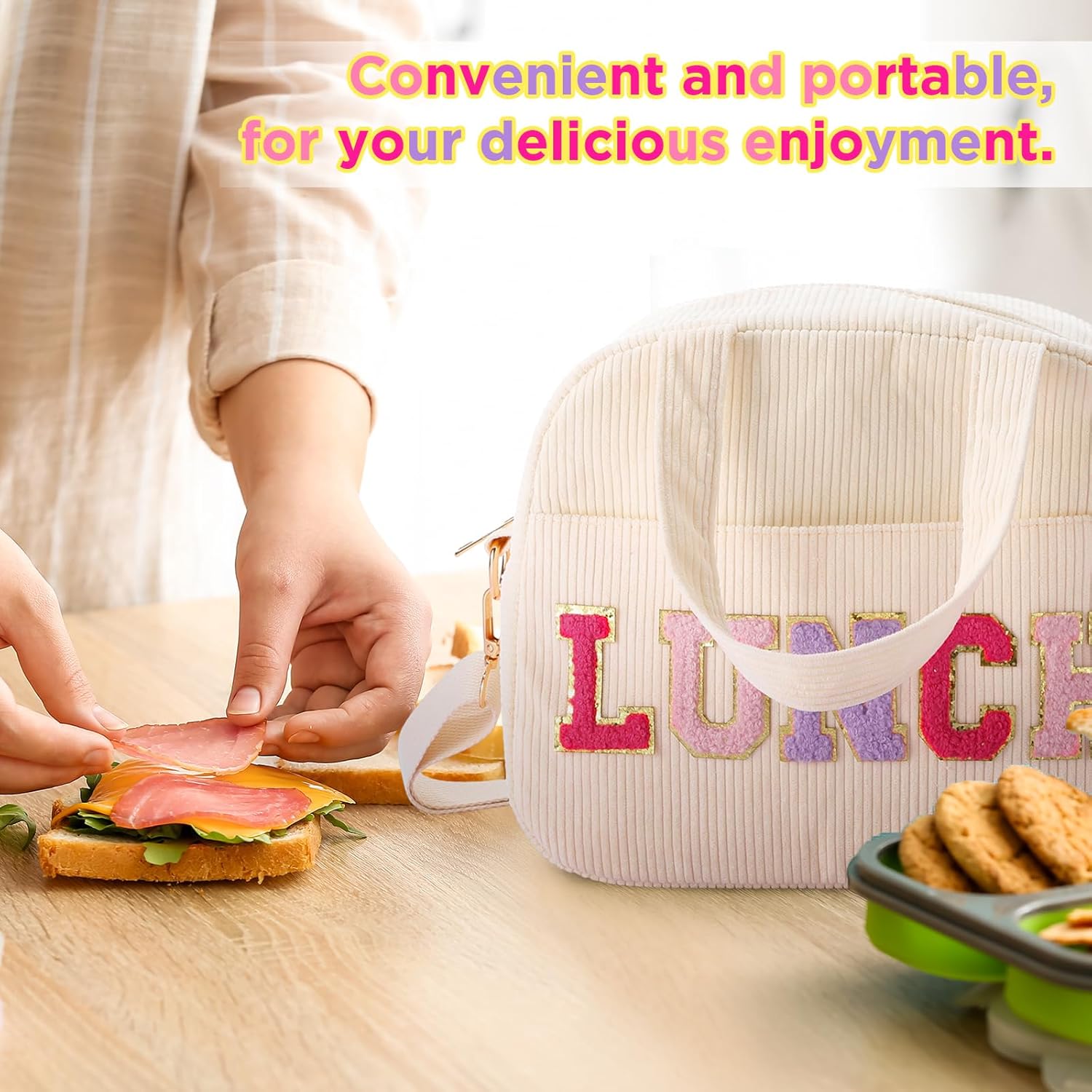 Hillban 2 Pcs Lunch Bag for Women Children Personalized Insulated Lunch Box for Adults with Adjustable Shoulder Strap Reusable Freezable Lunchbox Cooler Tote for Office Work Picnic Beach(Beige)
