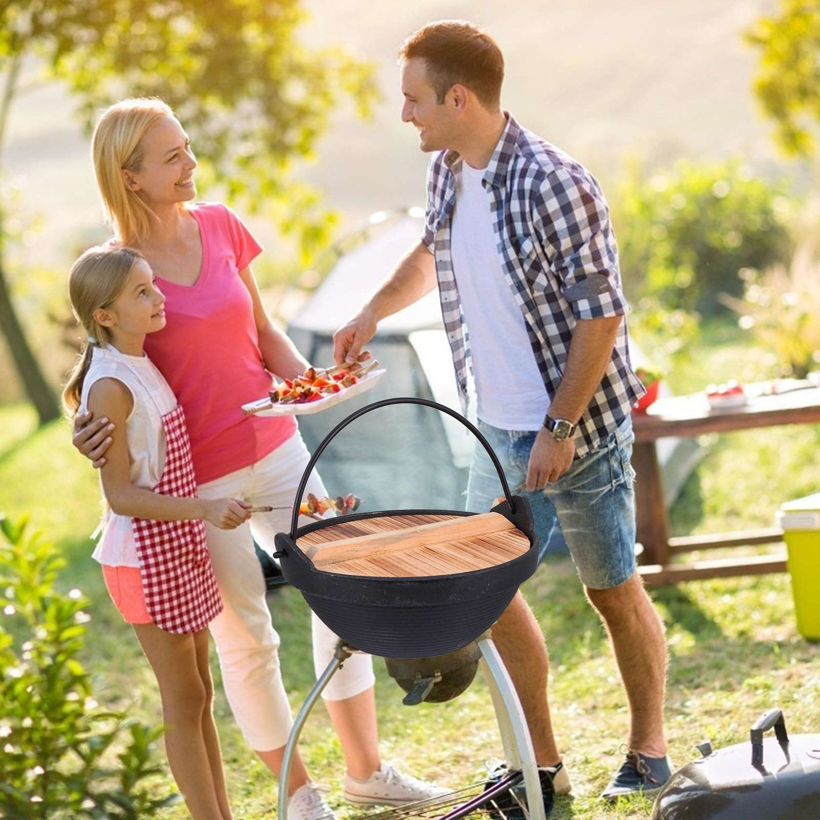 Tofficu Gusseiserner Outdoor Kochtopf 1 Satz Leichter Tragbarer Camping Hot Pot aus Gusseisen mit Holzgriff für Camping und Familienfeiern