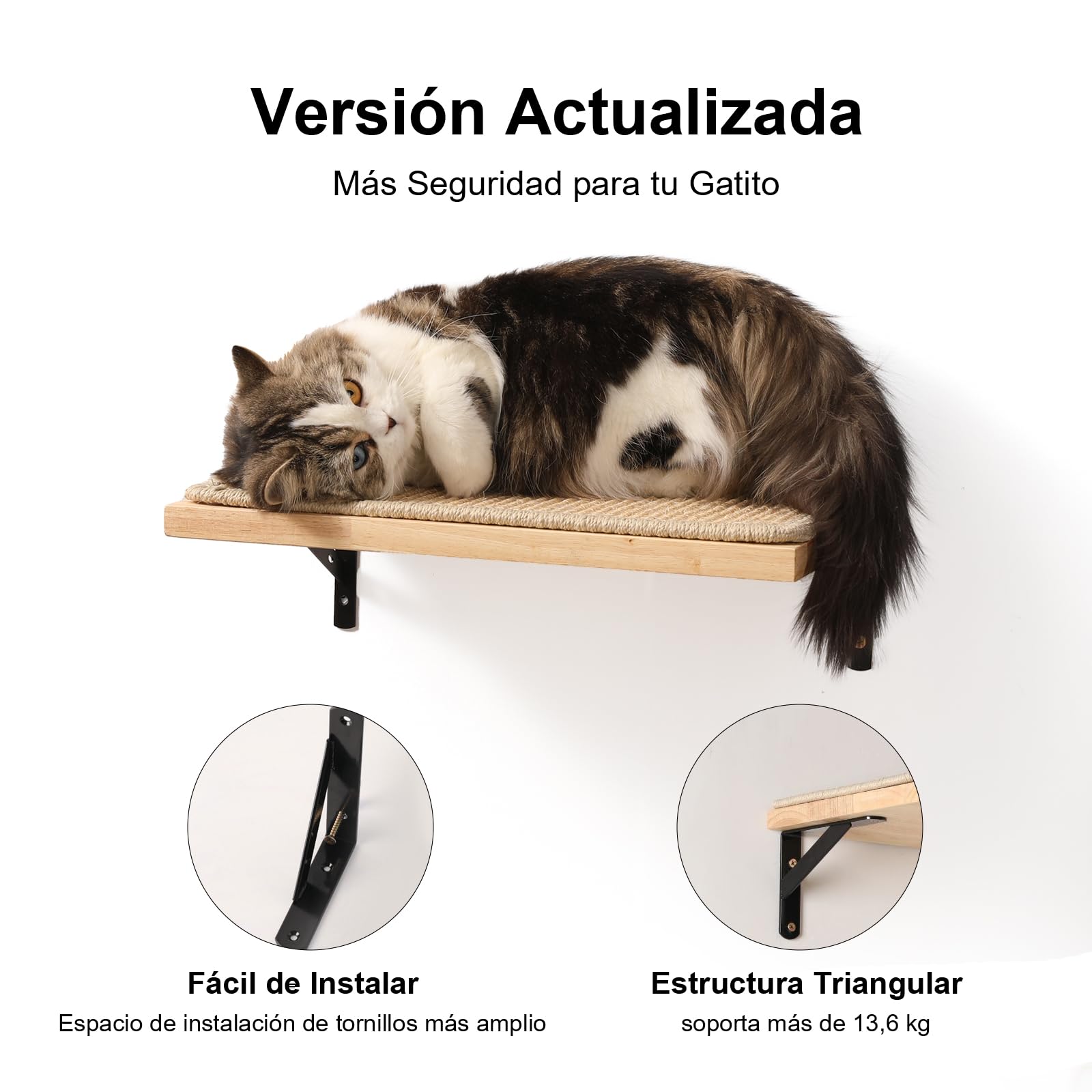 FUKUMARU Cama Pared Gato, De Madera Maciza de Caucho, Estante de Pared Flotante con Alfombrilla de sisal para Gatos, estantes Colgantes de Madera Maciza de Goma de 2 cm de Grosor, 40 x 25 cm | Estante flotante de madera maciza de goma con instalación mejo