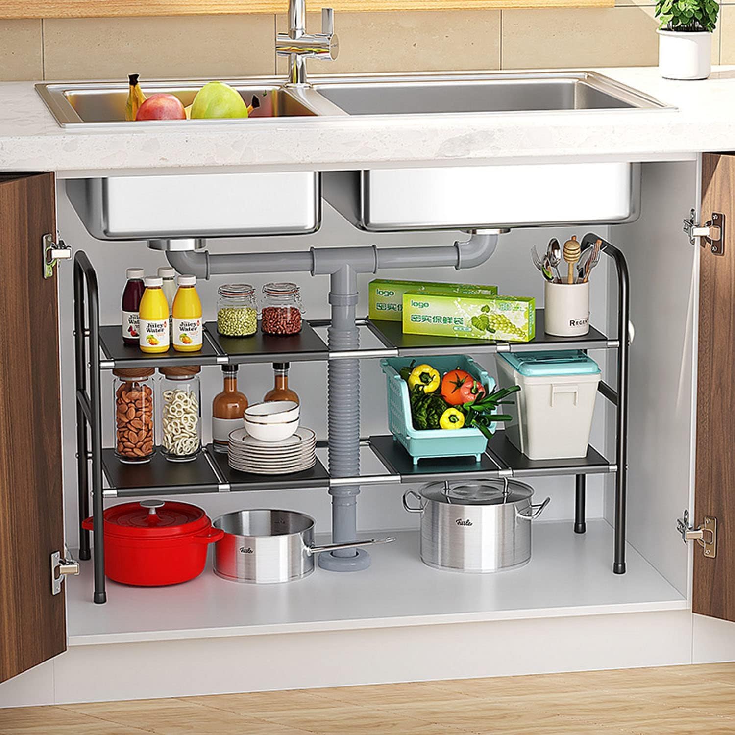 HOOBRO Under Sink Shelf Extendable Storage Stainless Steel And Pp Plastic Tiered Shelf Rack Adjustable Kitchen Organizer (B0D3TJG7NP) Amazon Price History, Amazon Price Tracker