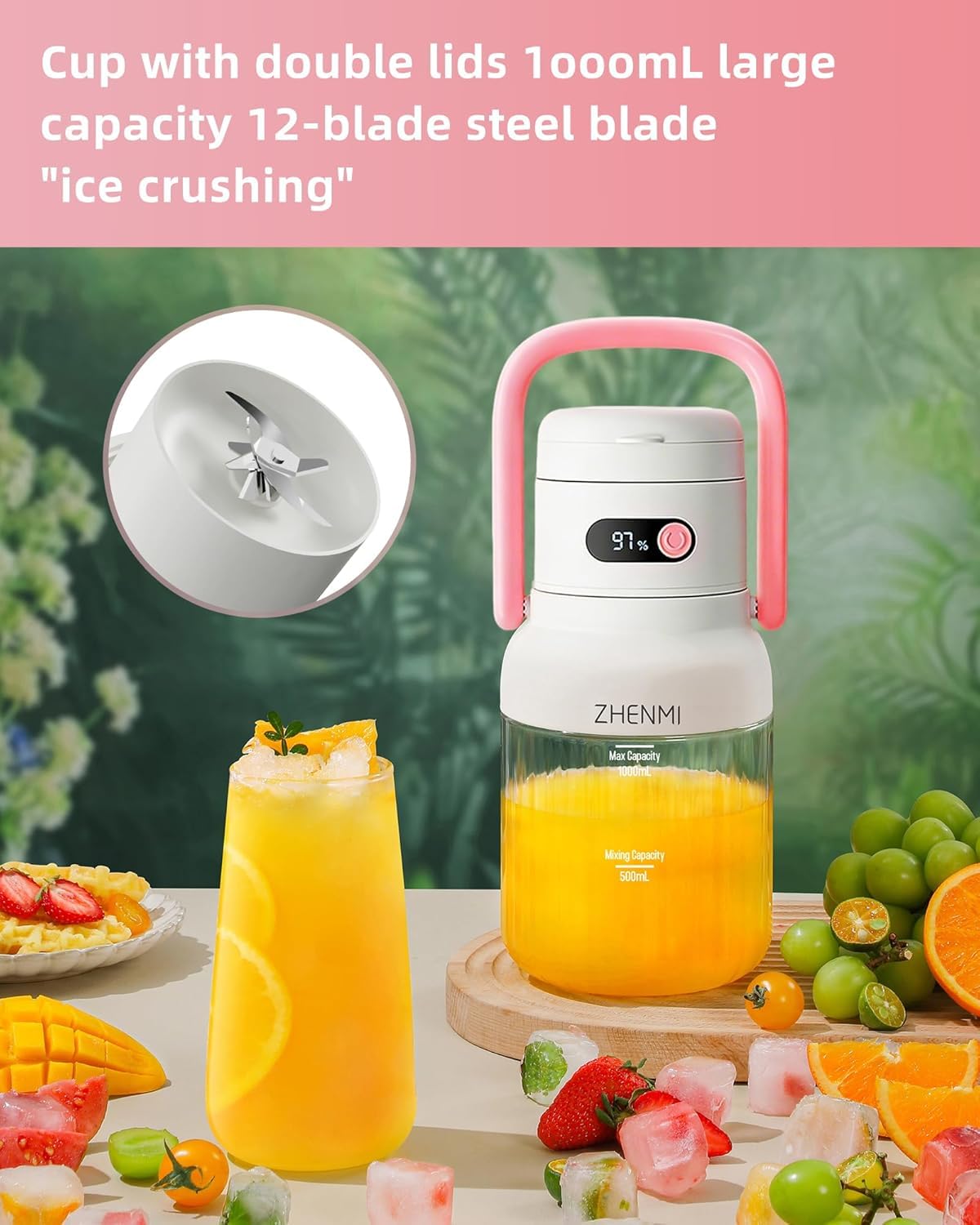 Licuadora portátil licuadora personal para batidos y batidos inalámbrica 32 onzas 18000 rpm, tapa a prueba de fugas con boquilla para sorber, recargable por USB-C (Rosa)