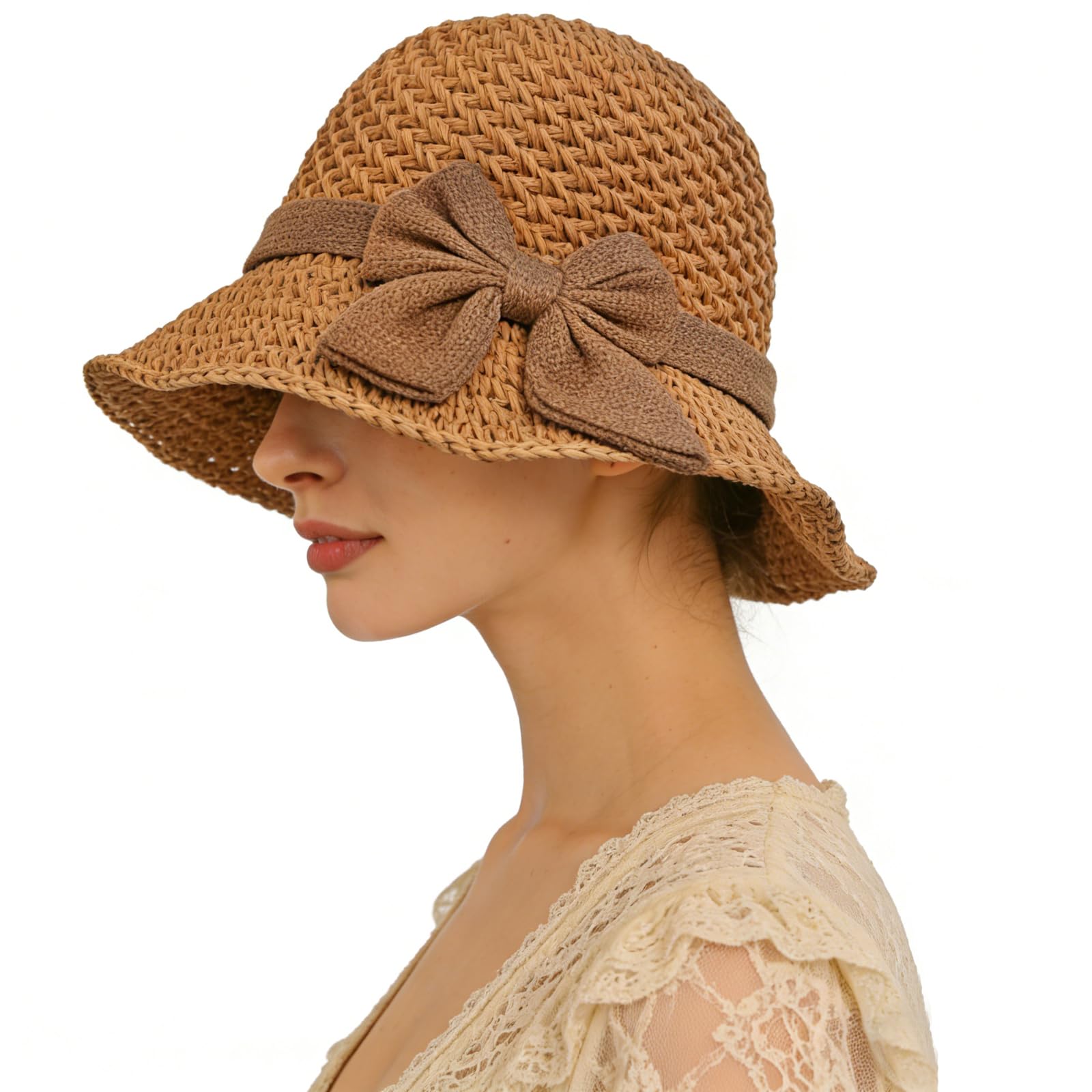 TINAYAUE Chapeau de Paille Pliable Femme, Anti-UV UPF Casquette de Soleil Respirante, Capeline Panama pour Plage, Voyage, Randonnée