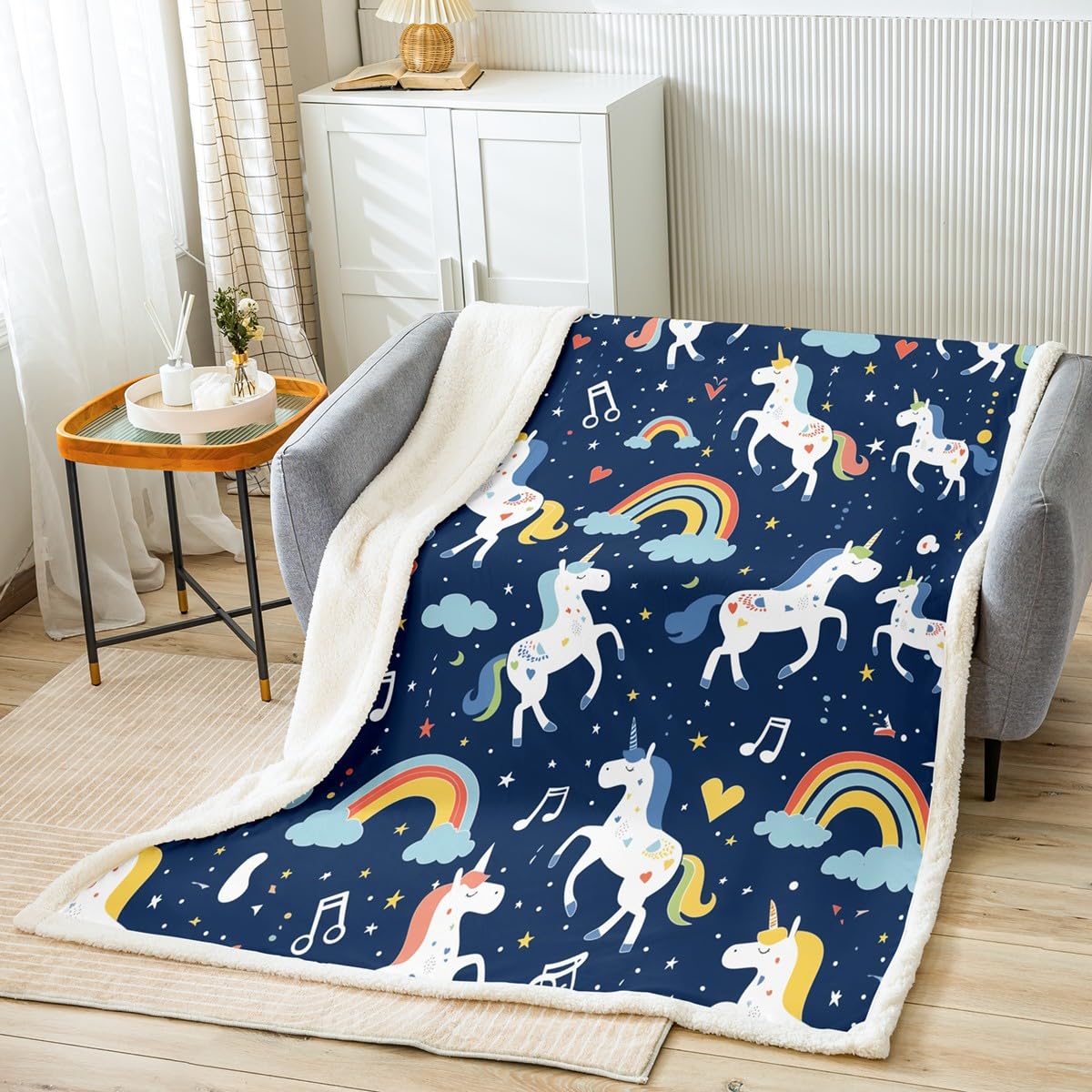 Homemissing Kids Girls Unicorn Sherpa Blanket Rainbow Blue Unicorn Fleece Throw Blanket for Teens Cute Stars Unicorn Plush Blanket Cartoon Unicorn Fuzzy Blanket for Sofa Bed Couch Double 60x79Inch