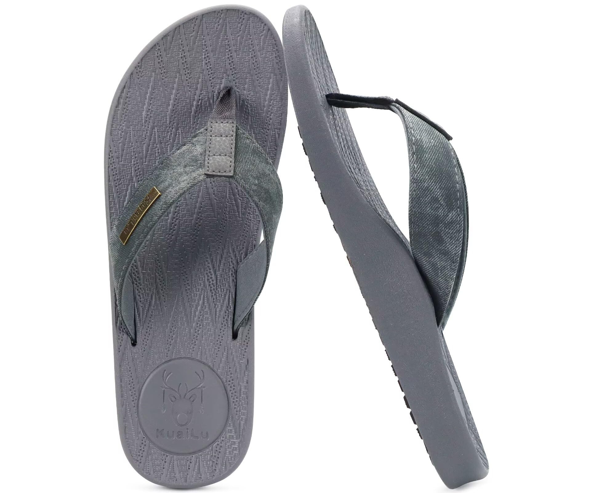 KuaiLu Mens Flip Flops Arch Support Comfortable Waterproof Open Toe Summer Beach Leather Thong Sandals Cushion Slip on Slippers