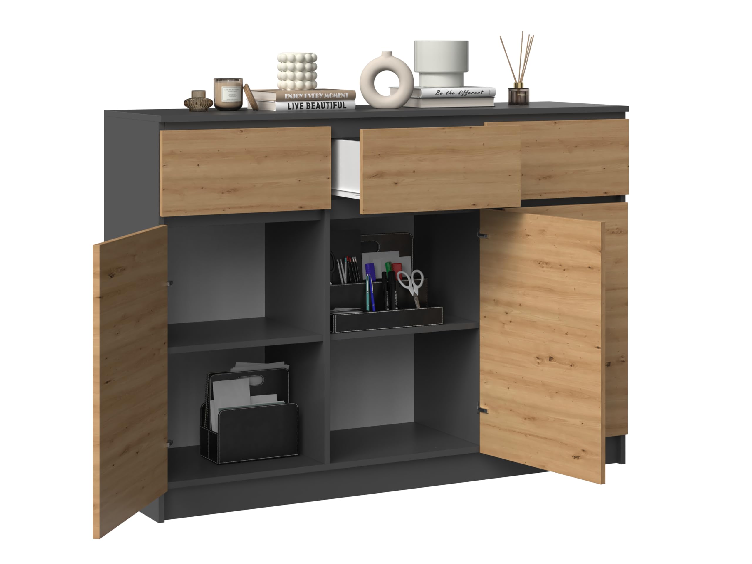 ARREDO DA CASA Madia Moderna Alta con 3 Ante e 3 Cassetti – Credenza in Legno Nobilitato per Soggiorno e Camera, Design Minimal senza Maniglie, 120X97X40 cm, in 2 Colori MT11 (Rovere/antracite)
