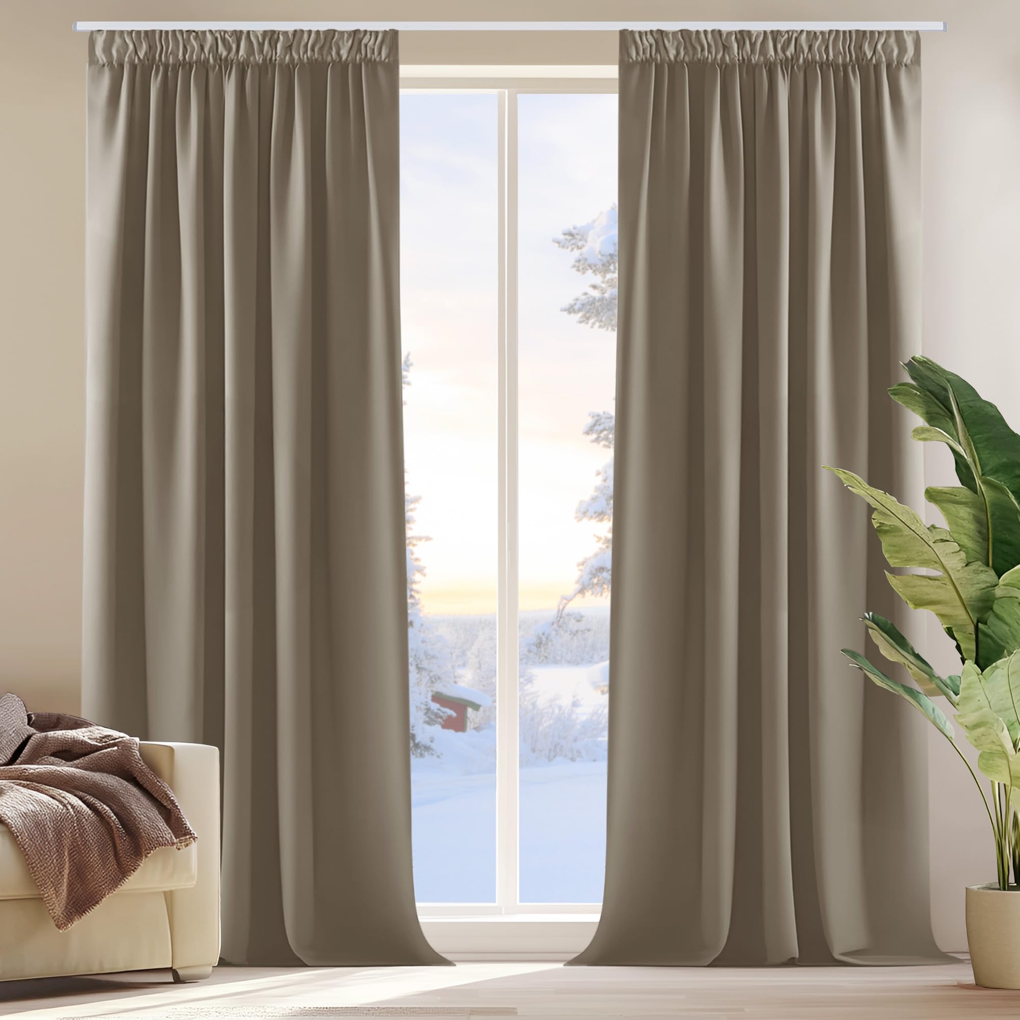 Deconovo Khaki Home Decoration Thermal Insulated Blackout Curtains Pencil Pleat Curtains For Bedroom Taupe W55 X L87 Inch 2 Panels