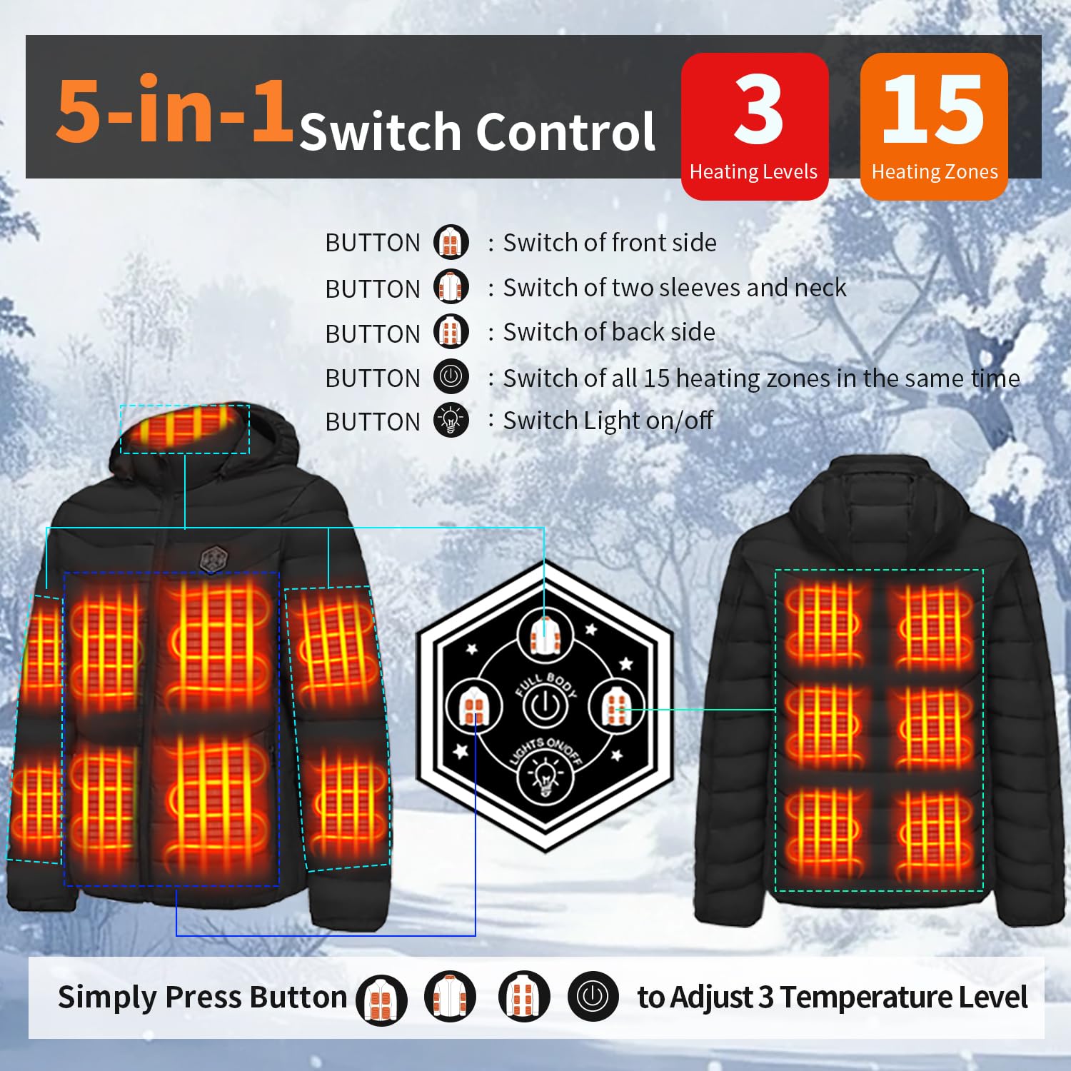 Veste Chauffante Avec Batterie Doudoune Chauffante Avec 15 Coussins Chauffants en Fibre de Carbone, Veste Chauffante électrique pour Moto Pêche Ski Activités de Plein Air
