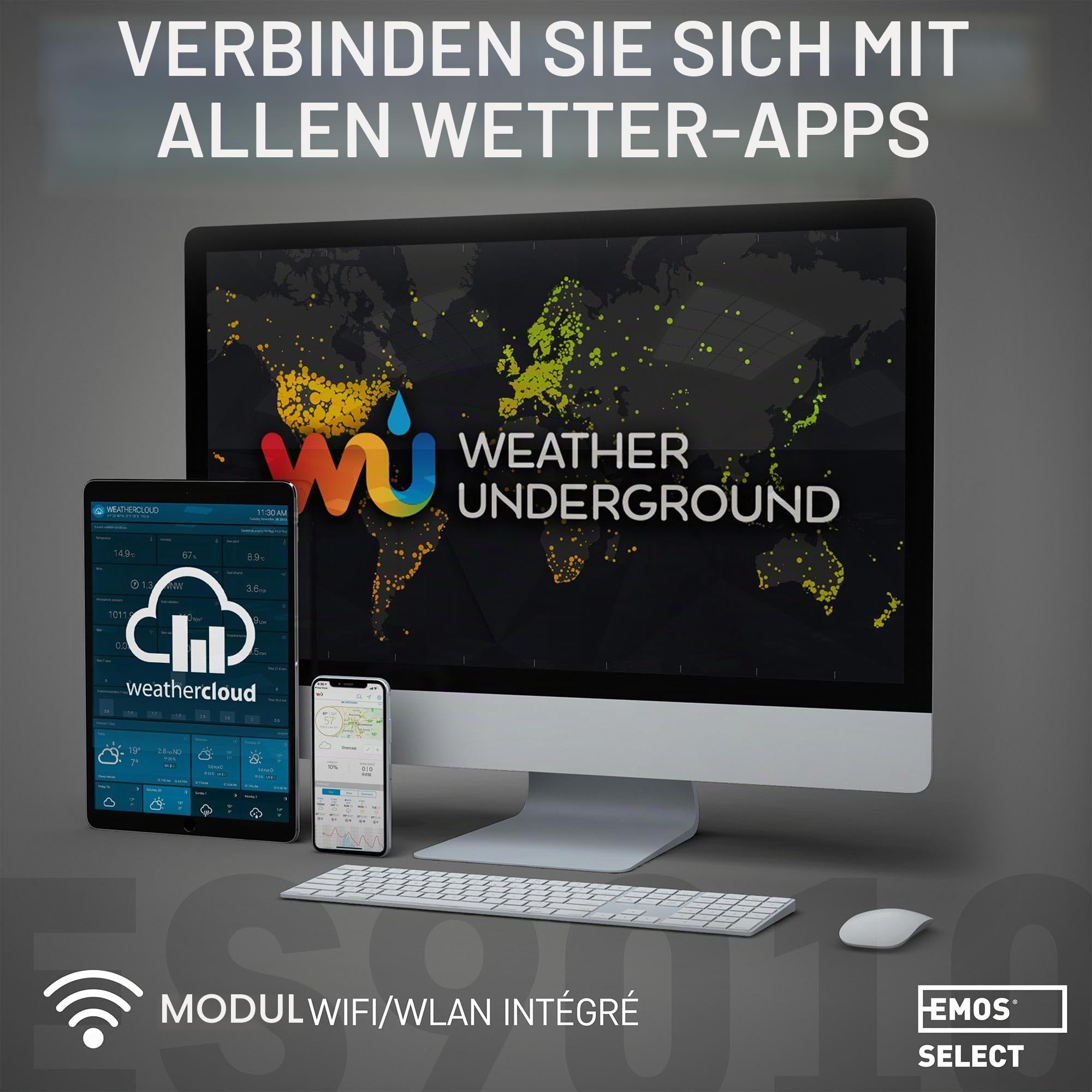 EMOS Wetterstation WLAN mit Windmesser und Regenmesser - zur Wettervorhersage, für drinnen & draußen - Überwacht Zeit, Datum, Temperatur, Luftfeuchtigkeit, Luftdruck - 12-24 Stunden Vorhersage