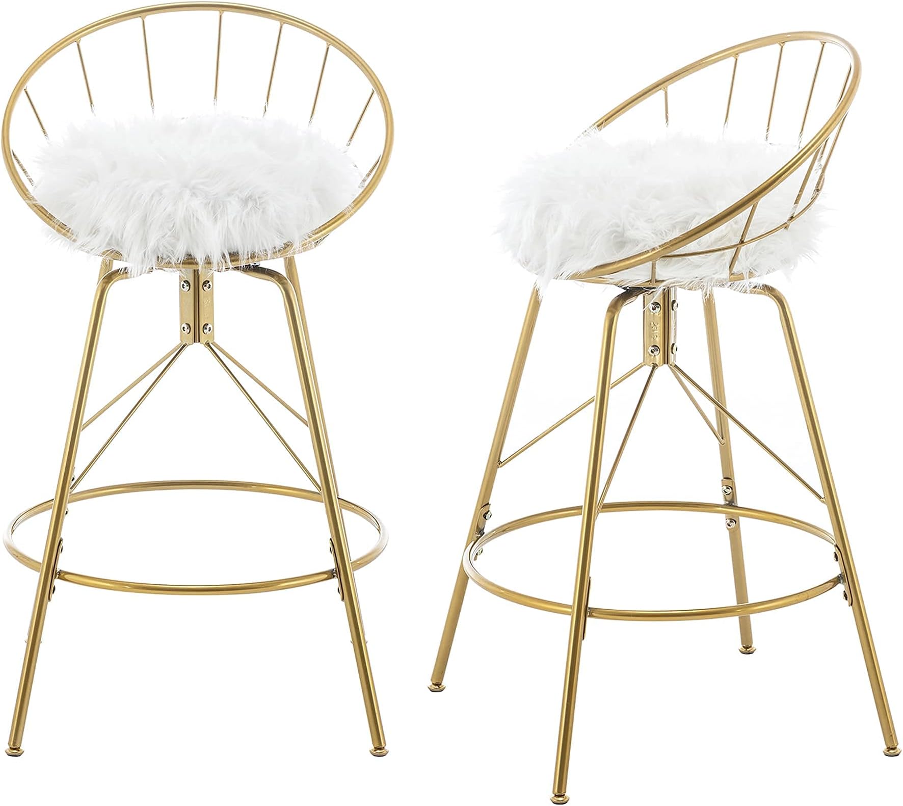 Awonde Swivel Bar Stools with Backs Gold Metal Counter Bar Chairs Set of 2 (24", White Fur Upholstered Seat)