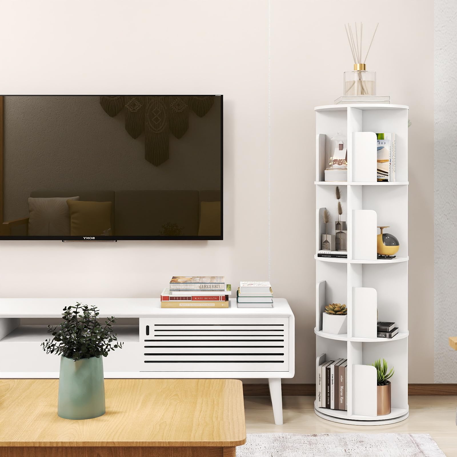 Bibliothèque Rotative, 4 Niveaux et 16 Compartiments, Base Ronde rotative à 360°, Convient pour Salon, Chambre, Bureau, Chambre d'enfant, 39×128cm (φ×H), Blanc