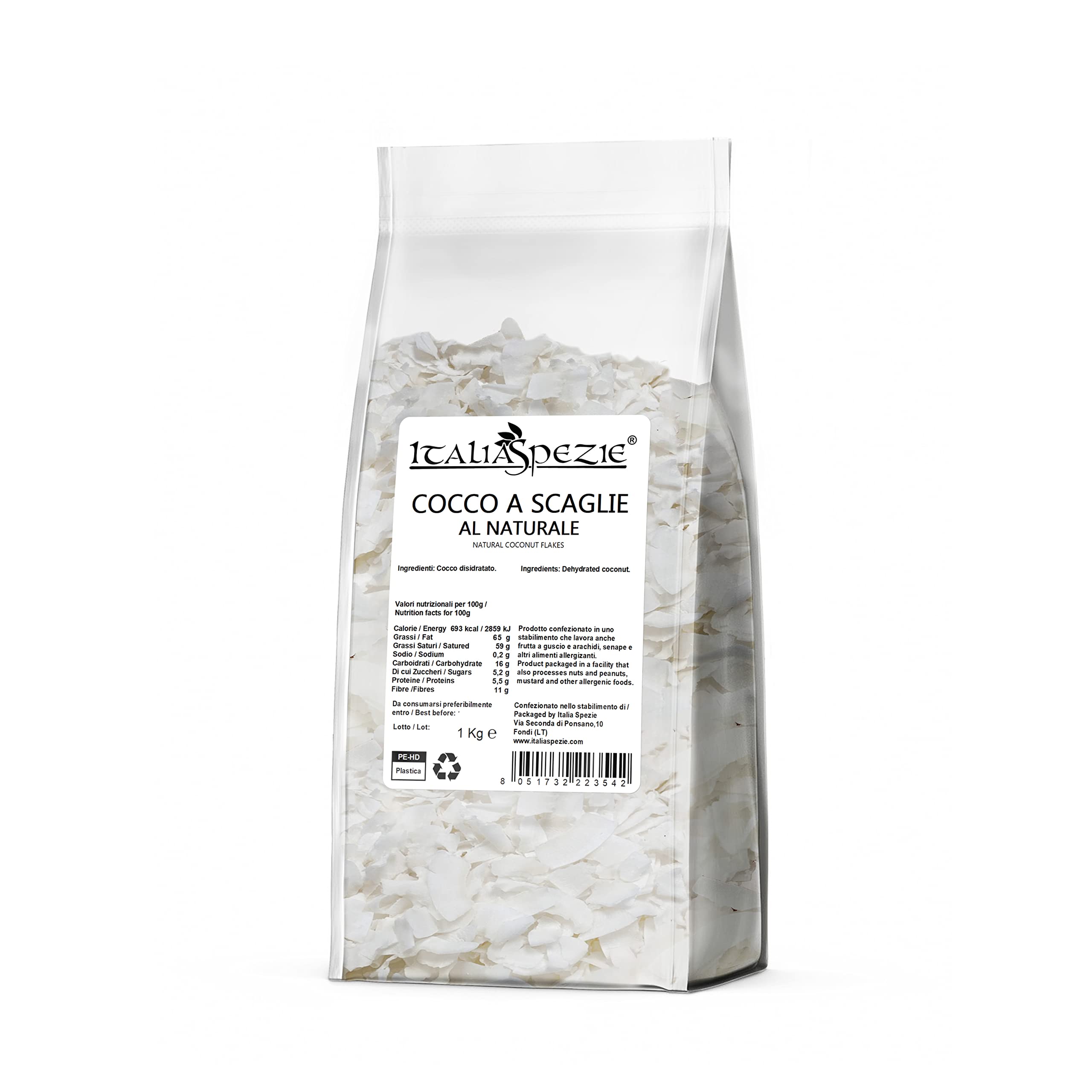 ITALIA SPEZIE - Cocco a fette senza zuccheri aggiunti - 1 kg - Chips di cocco non tostate, al naturale, 100% Scaglie di cocco, croccanti, senza zolfo, snack vegano, muesli, dolci