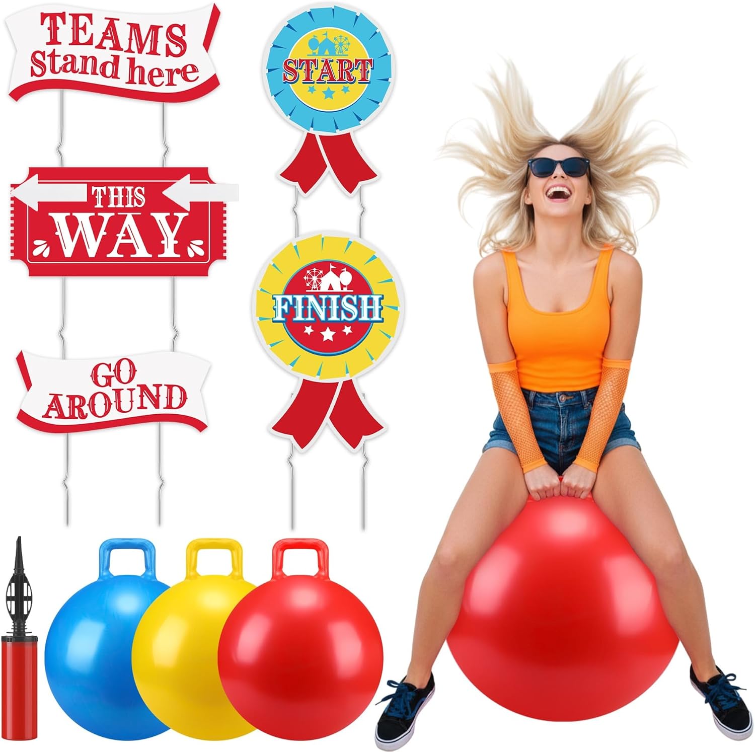 14 Pcs Outdoor Carnival Games 3 Hopper Bouncing Balls with Handle 5 Carnival Yard Sign with Stake 4 Hook-and-Loop 2 Arrow Hopper Relay Game for Field Day Backyard Lawn Birthday Family Party