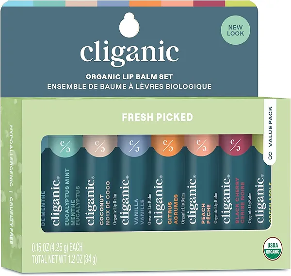 Cliganic Organic Lip Balm Set (Fresh Picked, 8 Flavors) - 100% Natural Moisturizer for Cracked & Dry Lips