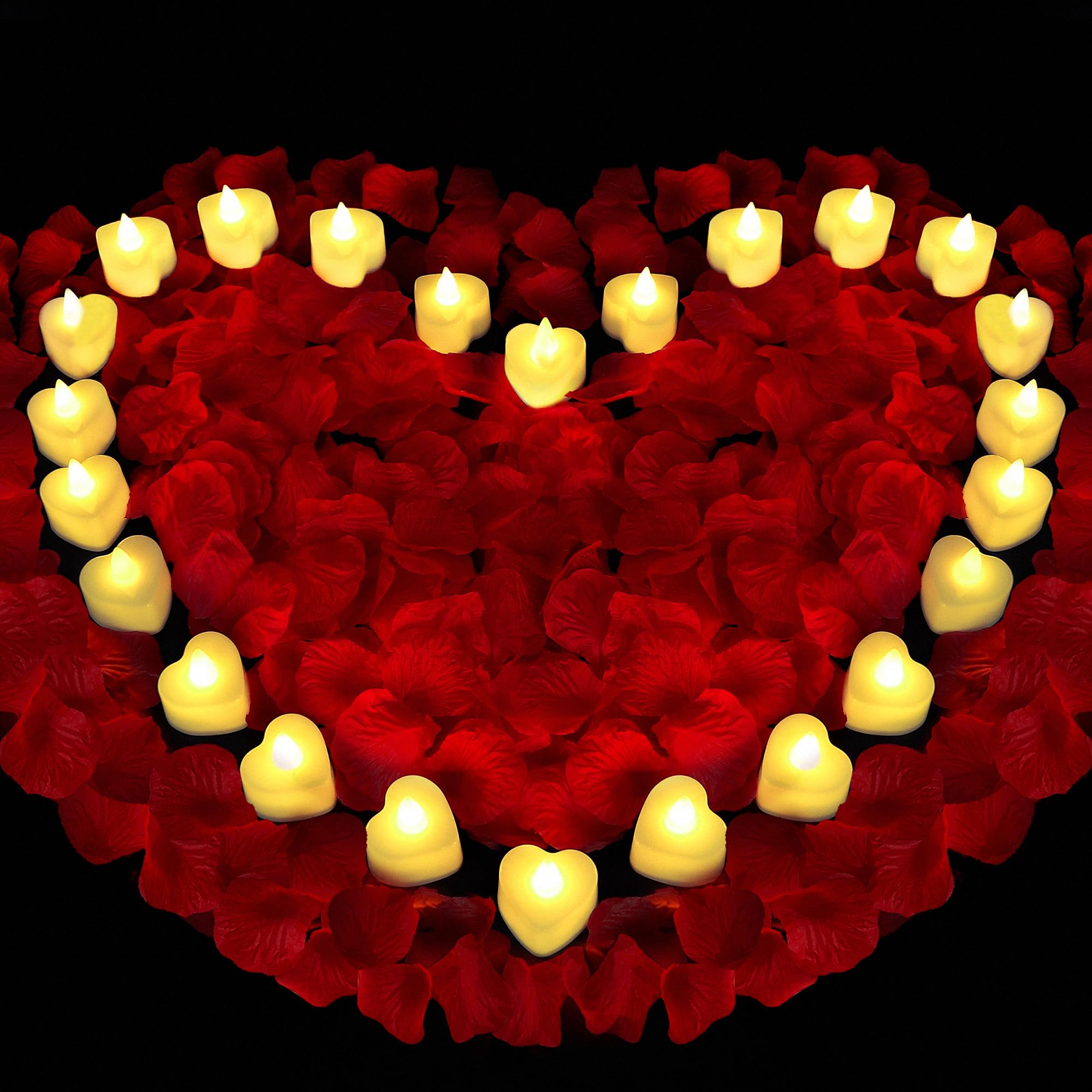 Childom Valentines Day Decorations,Red Rose Petals and Candles Set,1000 Pcs Fake Rose Petals with 24 Pcs LED Heart Candles,Silk Roses Petals for Romantic Night Decorations for Bedroom,Welcome Home